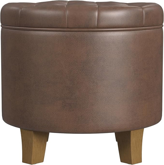 Homepop Home Decor | Upholstered Round Faux Leather Tufted Foot Rest Ottoman |
