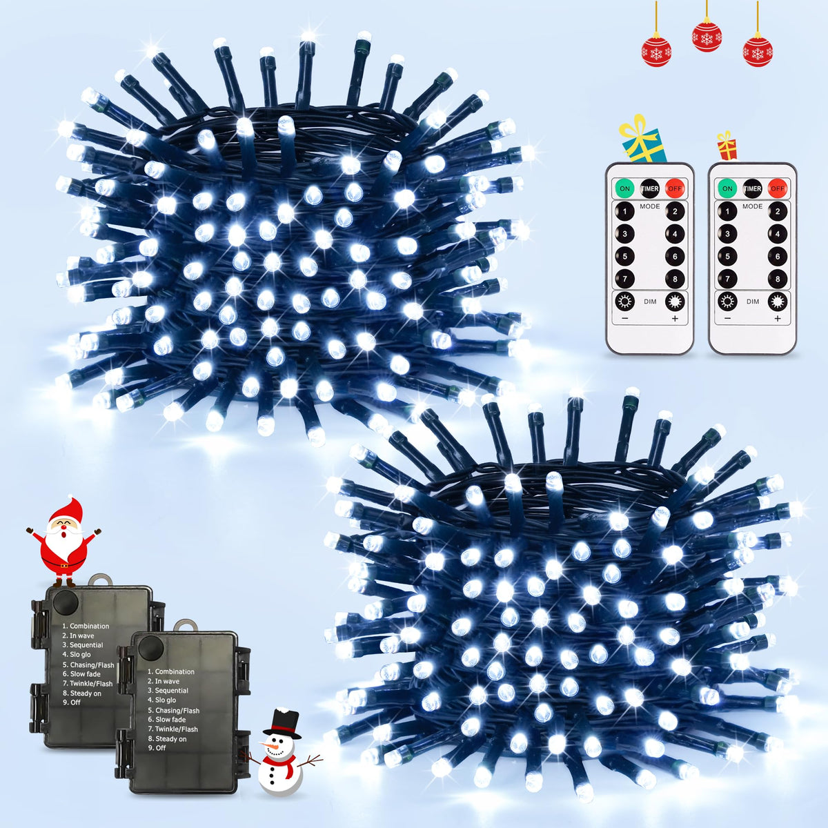 JMEXSUSS White Christmas Lights Outdoor Waterproof, Each 33 FT Battery Operated String Lights with Remote, 2 Pack 100 LED Christmas Tree Lights Indoor Outdoor for Party Garden Porch Yard Decor