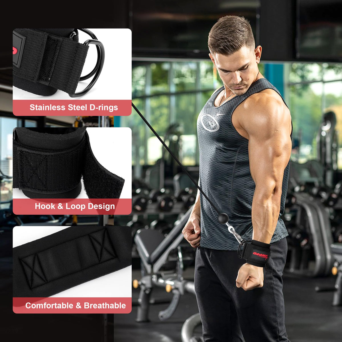 Wrist Straps for Cable Machines Wrist Cuffs for Men Woman Neoprene Padded Straps for Gym Strength Training Equipment (Black, L)