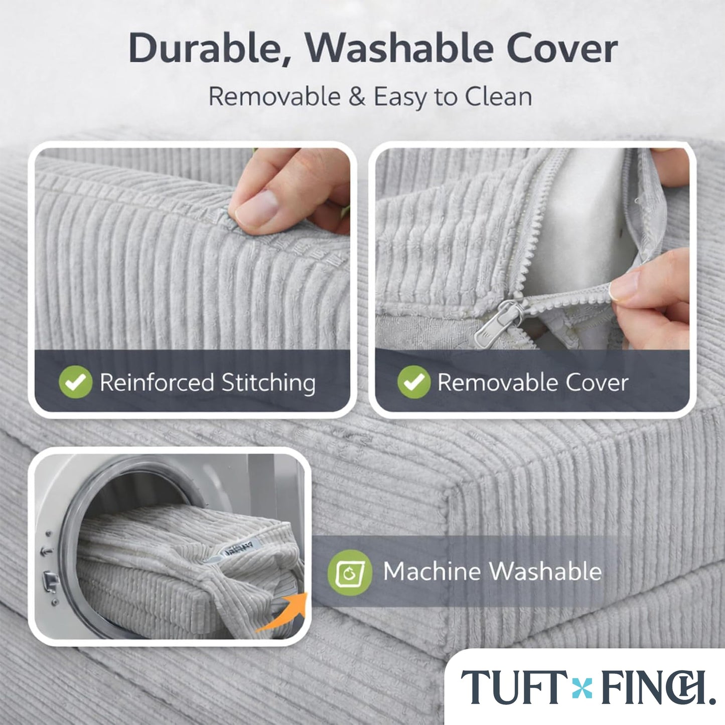 Boneless Couch Sofa Bed - 82" Modular Corduroy Convertible Sleeper Sofa for Living Room – 3 Seater Folding Couch Bed, Pet-Friendly Removable Washable Covers, CertiPUR-US Foam | Tuft&Finch - Light Grey