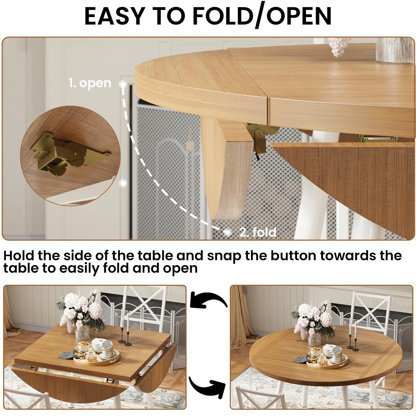 IRONCK Round Dining Table Set for 4, Extendable Kitchen Table with 4 Chairs, 44.5" Drop Leaf Desk, Folding for Small Space, Apartment, Natural Wood