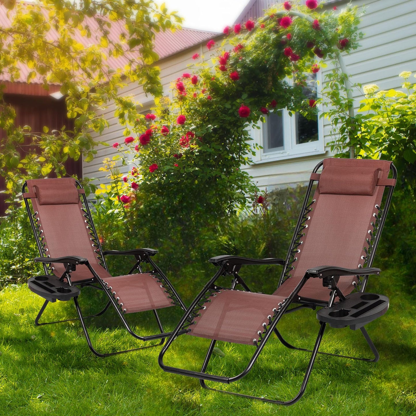 Nazhura Set of 2 Relaxing Recliners Patio Chairs Adjustable Steel Mesh Zero Gravity Lounge Chair Beach Chairs with Pillow and Cup Holder Khaki (Brown)