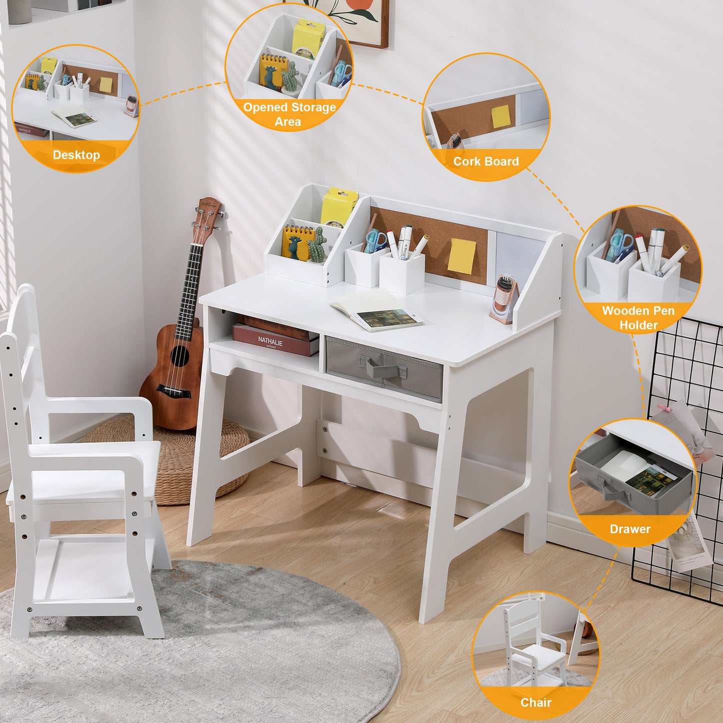 GarveeHome Kids Desk and Chair Set, Wooden Study Table with Storage Bins, Bookshelf, Bulletin Board, and Pen Holder, Writing Table for Boys and Girls, White