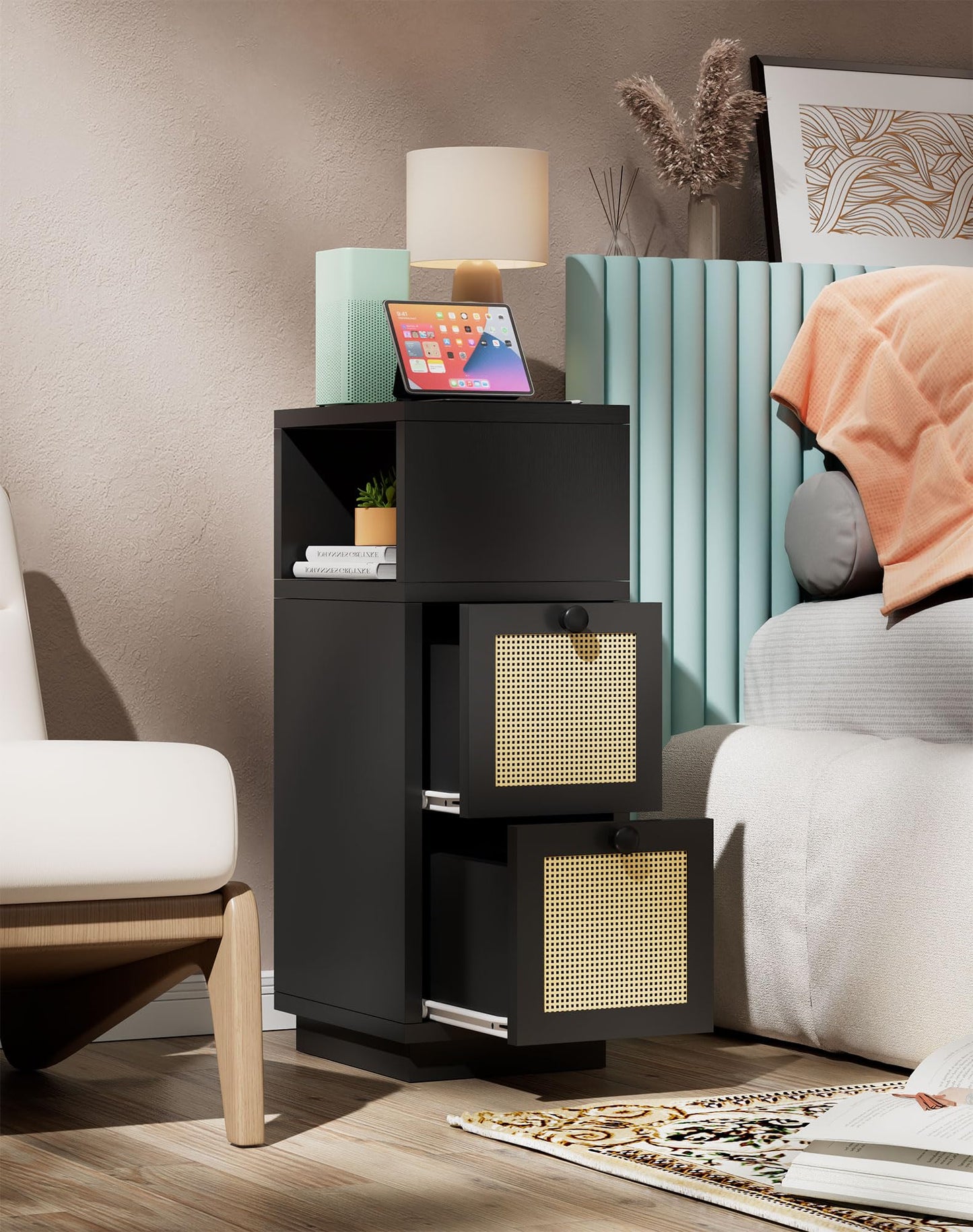 YMYNY Rattan Nightstands Set of 2, Boho Bedside Table with Open Shelf, 2 Drawers, 9.45" x 11.42" x 25.59", Narrow Side Table, Bedside Cabinet for Bedroom and Small Spaces, Black UHST017B-2