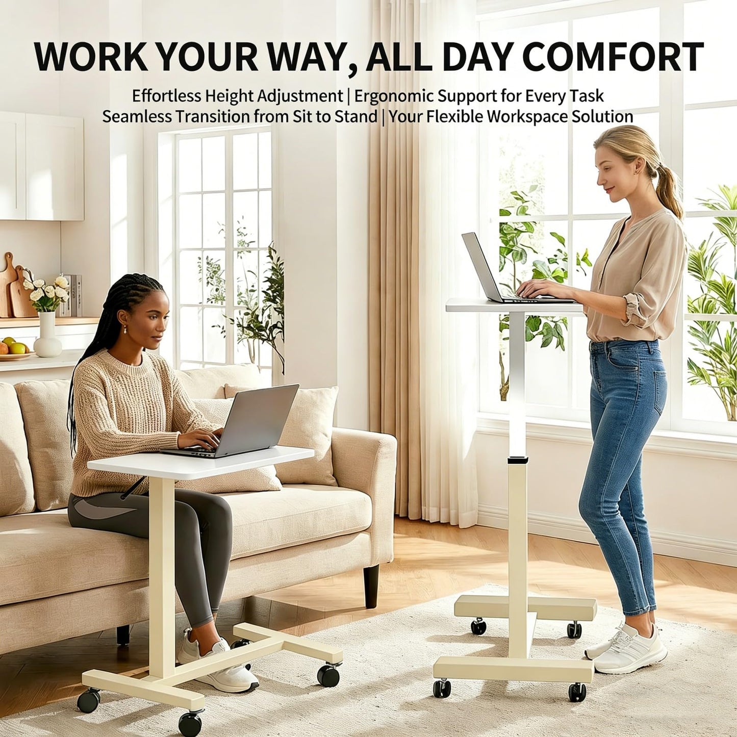 Premimax Adjustable Overbed Table with Wheels, Pneumatic Height Lift Rolling Bedside Table, Standing Desk for Home & Office Use, Ideal for Seniors & Limited Mobility(White)