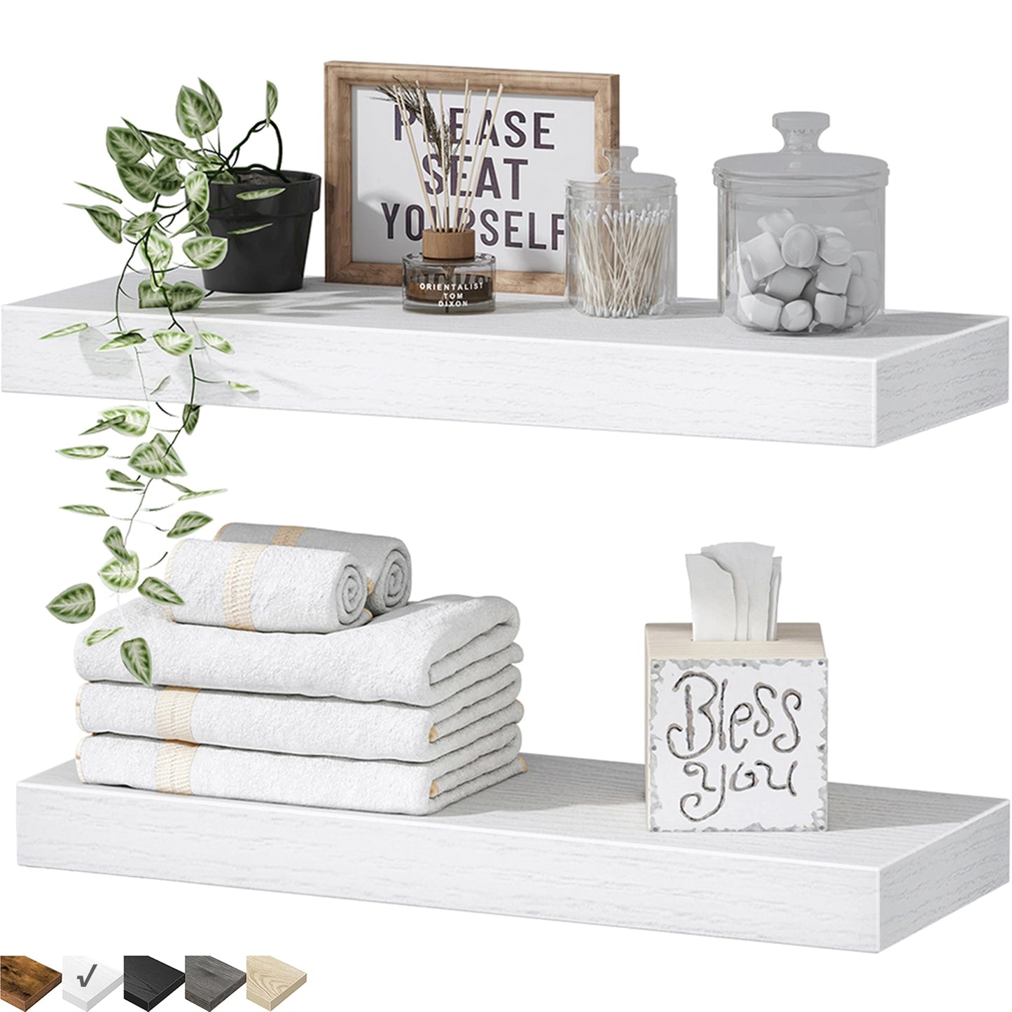 QEEIG Bathroom Floating Shelves for Wall - 15.7" Wall Mounted Shelf Over Toilet Farmhouse Home Decor Display Bookshelf Small 15.7 x 6.7 inch Set of 2, White (008-40W)