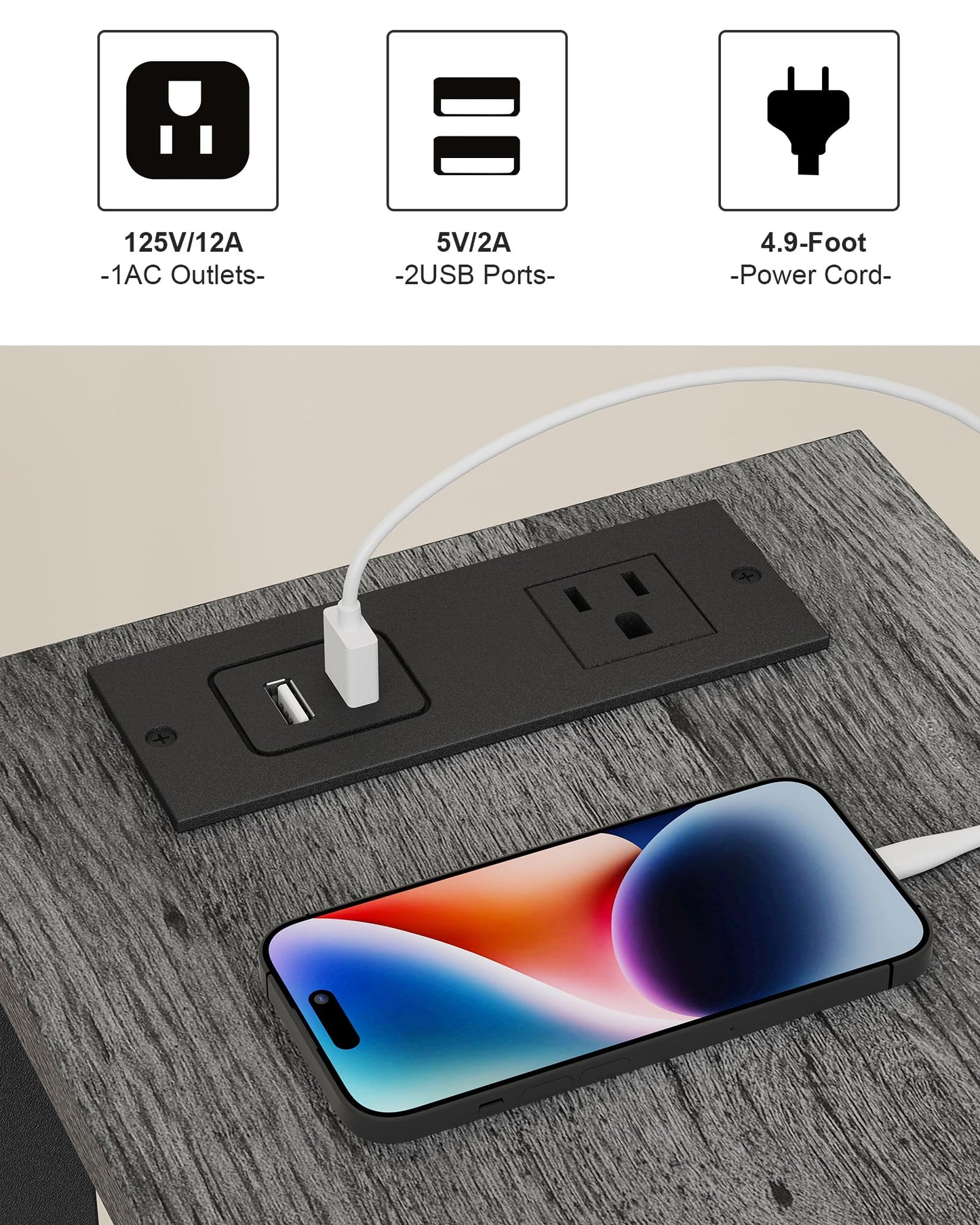 TUTOTAK Small End Table with Charging Station, Narrow Side Table with USB Ports and Outlets, Skinny Sofa Table, Slim Nightstand, Living Room, Bed Room, Charcoal Grey TB01BY060
