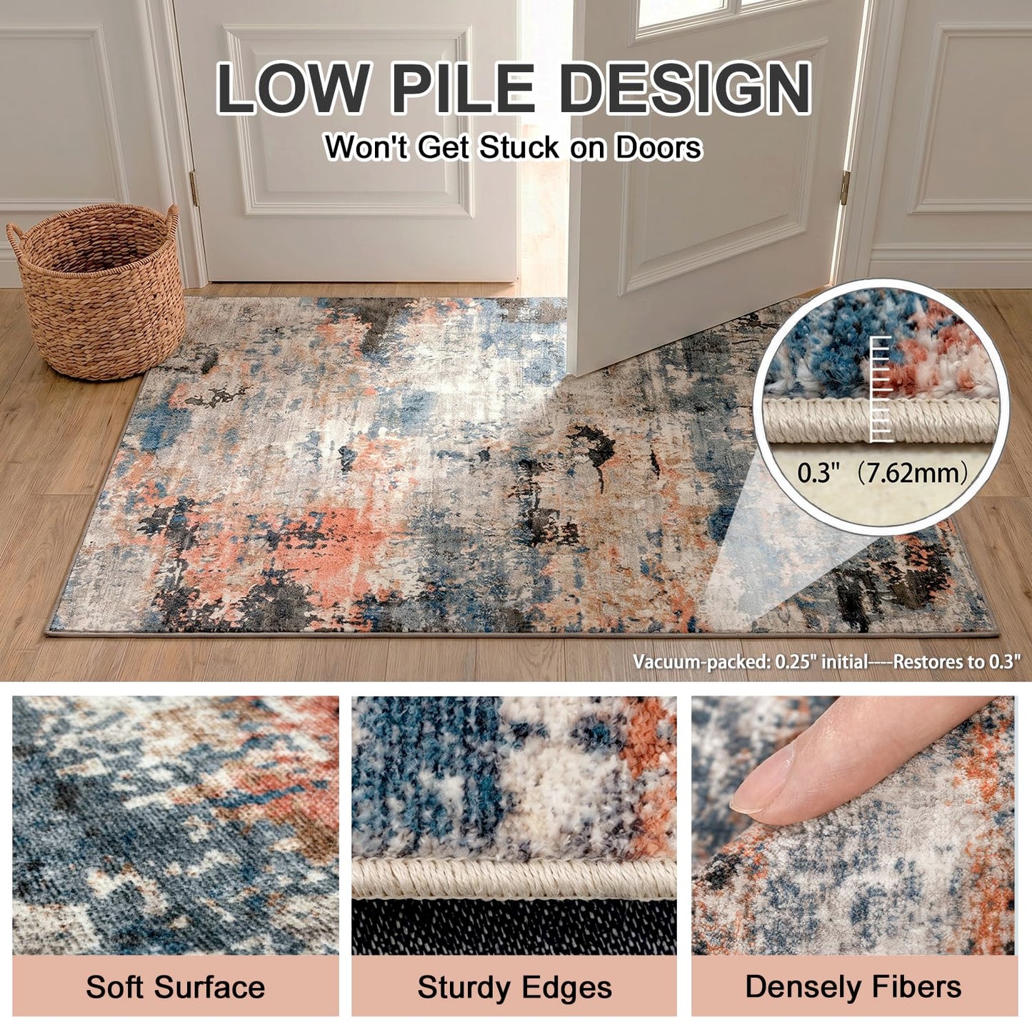 Cnythlis Low Pile Area Rug for Home Office Under Desk, Washable Abstract Carpet Robot Vacuum Compatible 0.3 Inch Cotton-Backed Non-Slip Silicone Grip Dining Room Mat, Terracotta Blue, 5'x7'