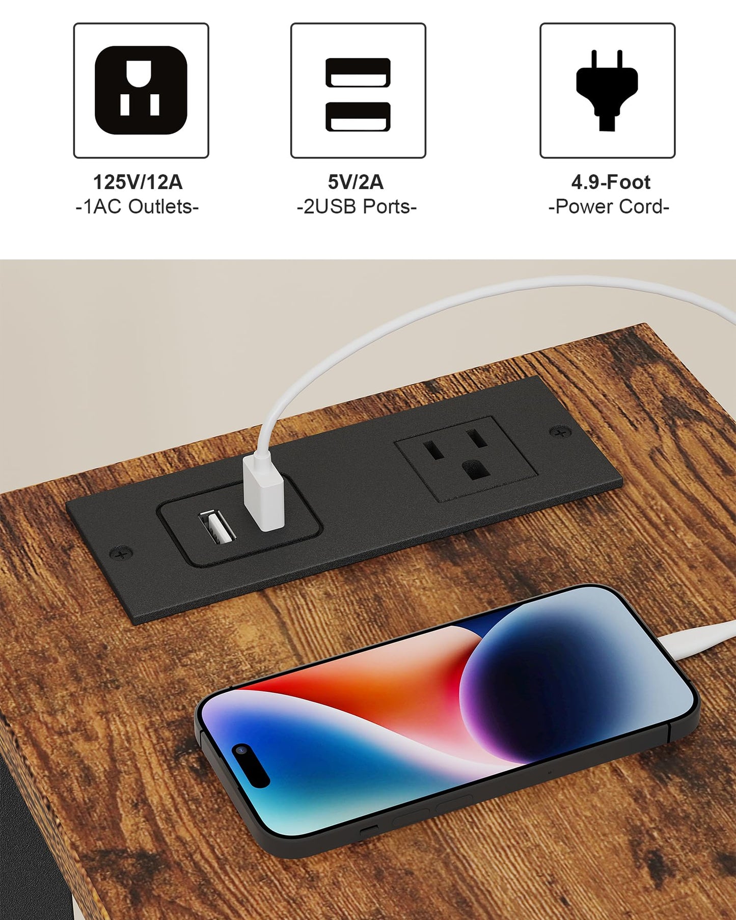 TUTOTAK Small End Table with Charging Station, Narrow Side Table with USB Ports and Outlets, Skinny Sofa Table, Slim Nightstand, Living Room, Bed Room, Pure Brown TB01BB060C