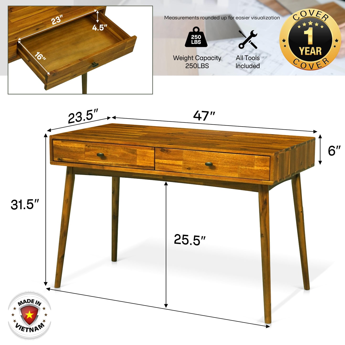 Acacia Lagom 48" Solid Wood Work Desk with Drawers, Office Furniture, Scandinavian Style Work Table for Home Office (Caramel)