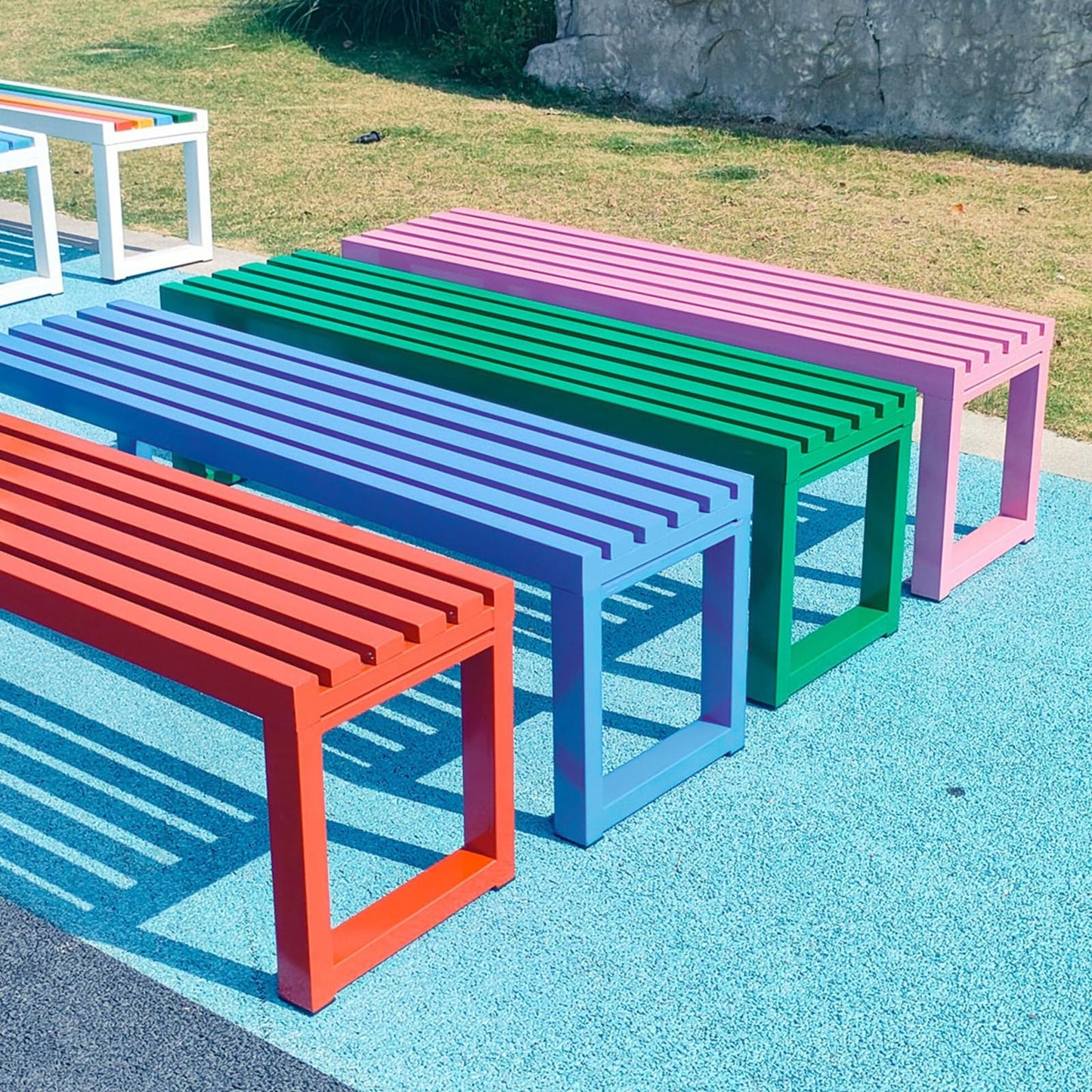 Weatherproof Metal Garden Bench, Steel Frame, Backless Design for Outdoor Lawn & Yard, Durable Seating for Parks, Schools & Patios,Blue,39.37in/100cm