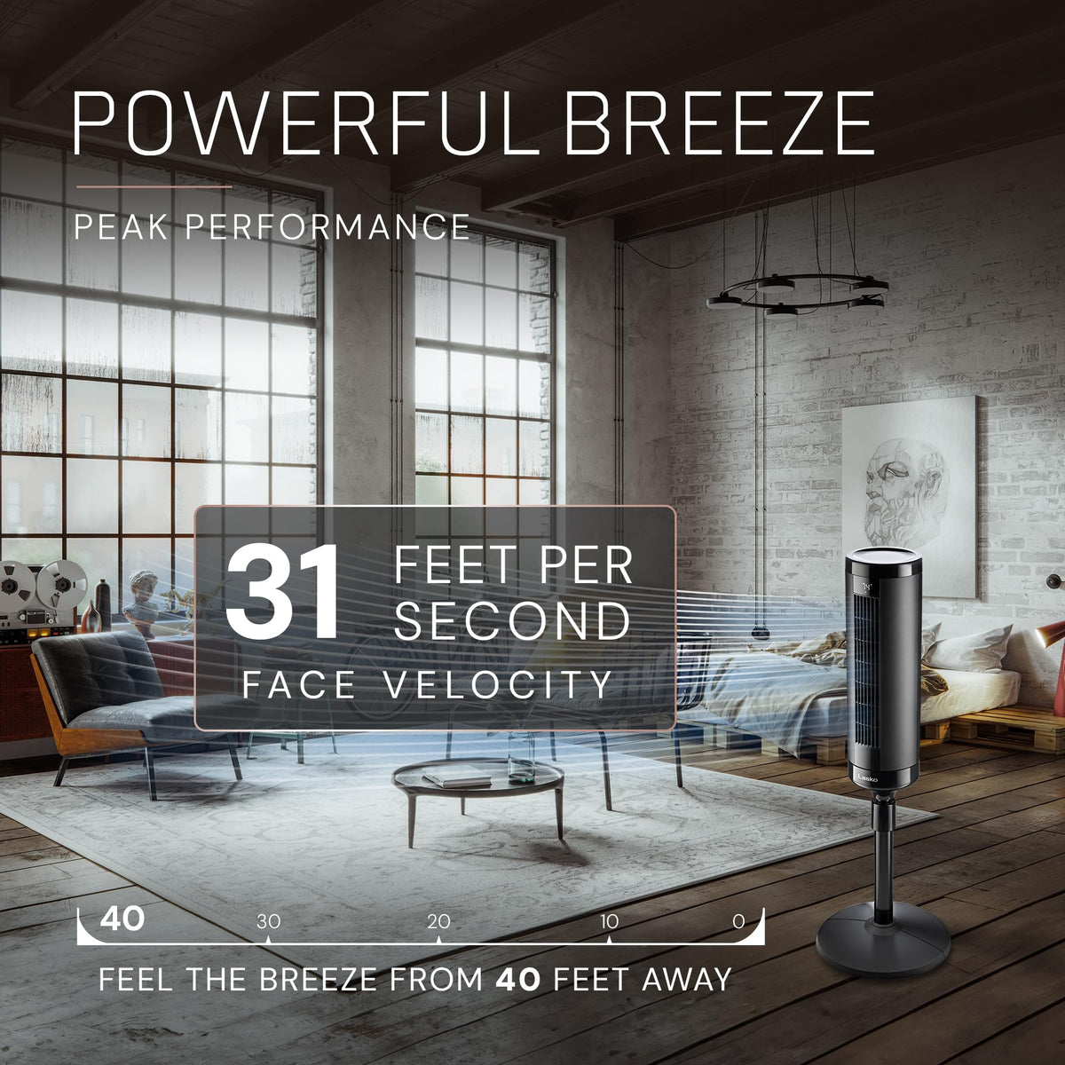 Lasko Elevation Adjustable Tower Fan 42”-54”, Pedestal Fan, 31 ft/s Airflow, Quiet 28 dB, 90° Oscillation, 12h Timer, Remote, Black, EST100