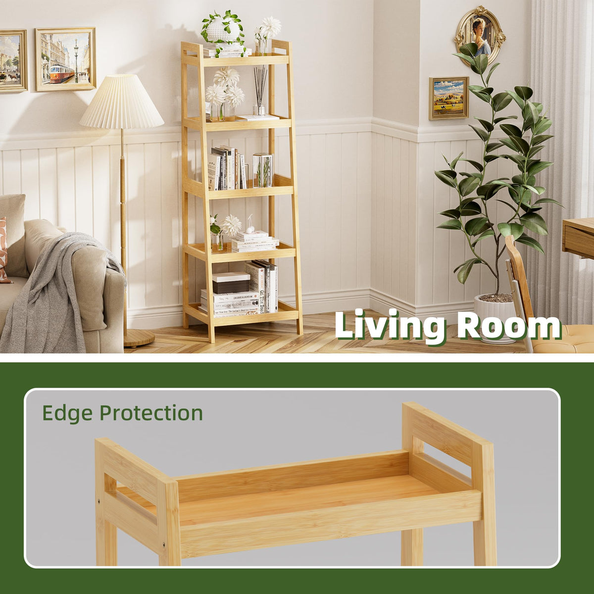 vovala Bookshelf, 5 Tier Ladder Bookcase with Bamboo Frame, Freestanding Tall Narrow Display Plant Shelf for Living Room, Kitchen, Bedroom, Balcony, Natural