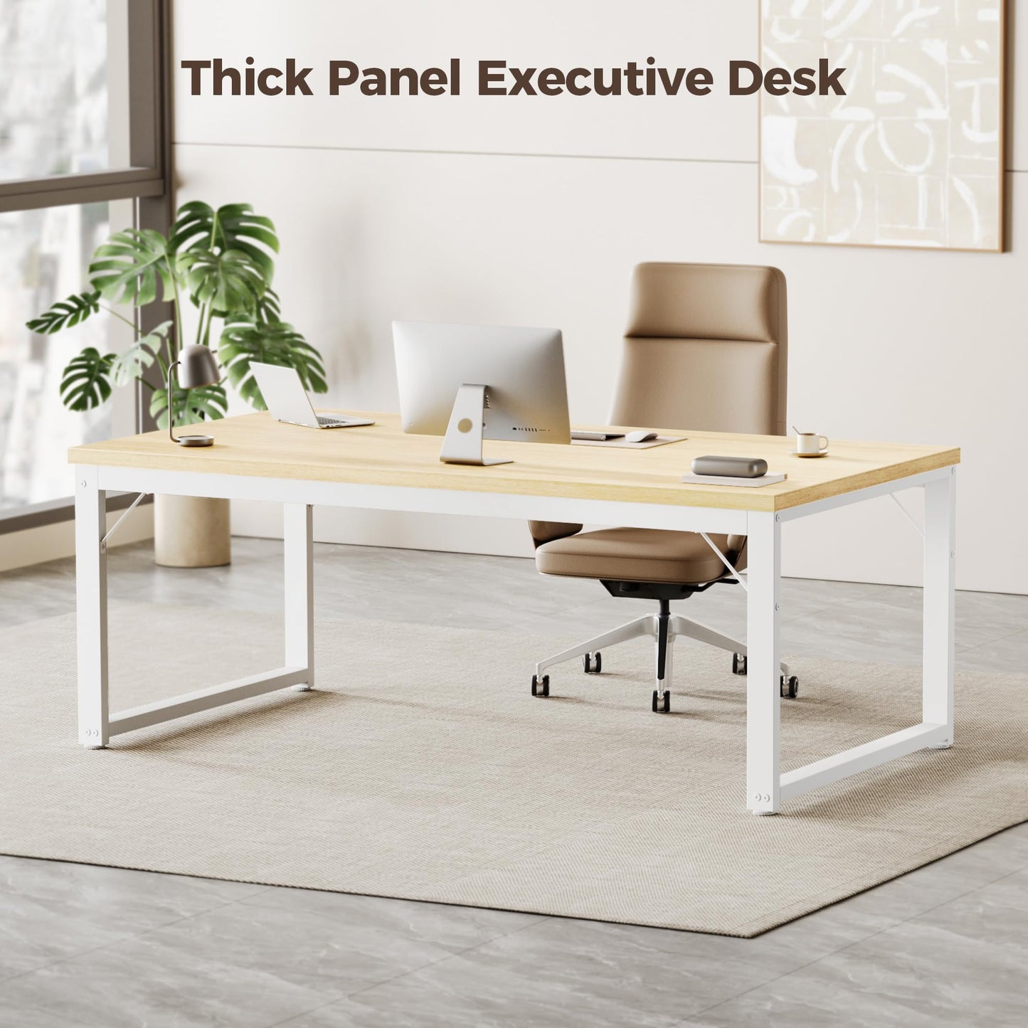 Mericonia 40 Inch Computer Desk, 1" Thick Modern Simple Study Writing Table, Heavy Duty Industrial Office Desk for Home Bedroom Workstation, Oak