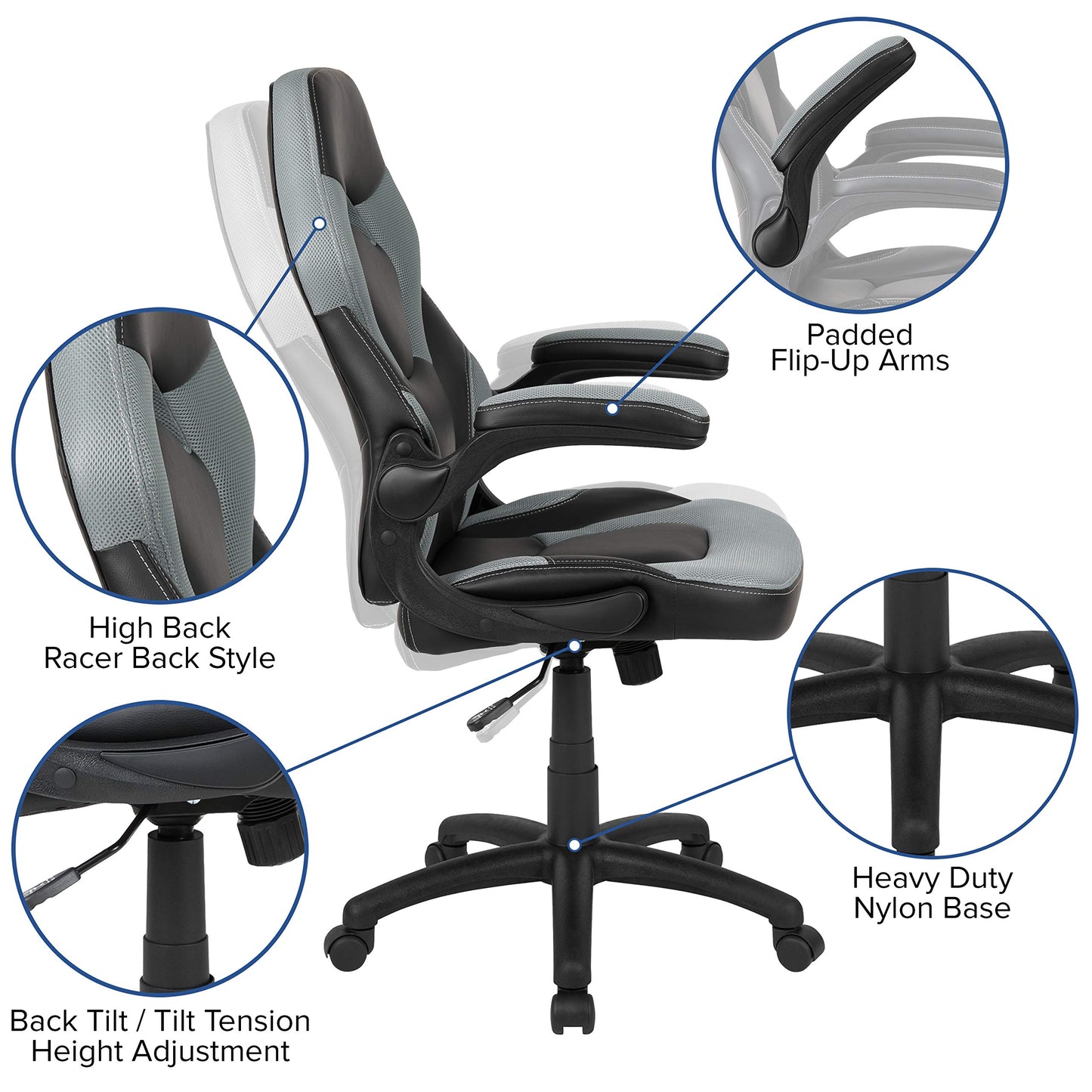 Flash Furniture X10 High-Back LeatherSoft Racing Style Gaming Chair with Flip-Up Arms, Ergonomic Padded Swivel Computer Chair, Gray/Black
