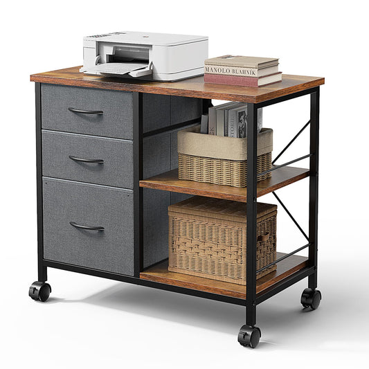 DUMOS 3 Drawer Mobile File Cabinet, Freestanding Fabric Lateral Filing Cabinet Fits A4/Letter Size, Space Saving Rolling Printer Stand with X-Frame and Open Storage Shelf for Home Office, Grey