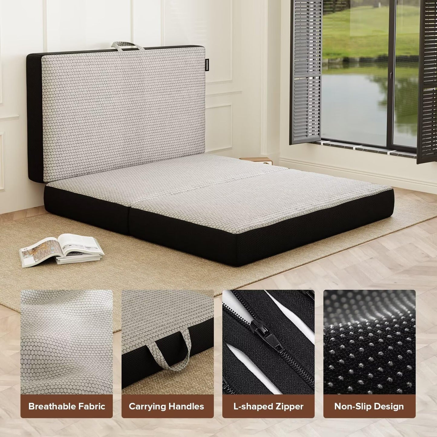 ROXGOX Memory Foam Trifold Mattress, 6 Inch Full Foldable Mattress, Portable Floor Bed with Washable Cover, Handle & Non-Slip Bottom, for RV, Travel, Camping, Yoga, 73"x52"x6", Grey