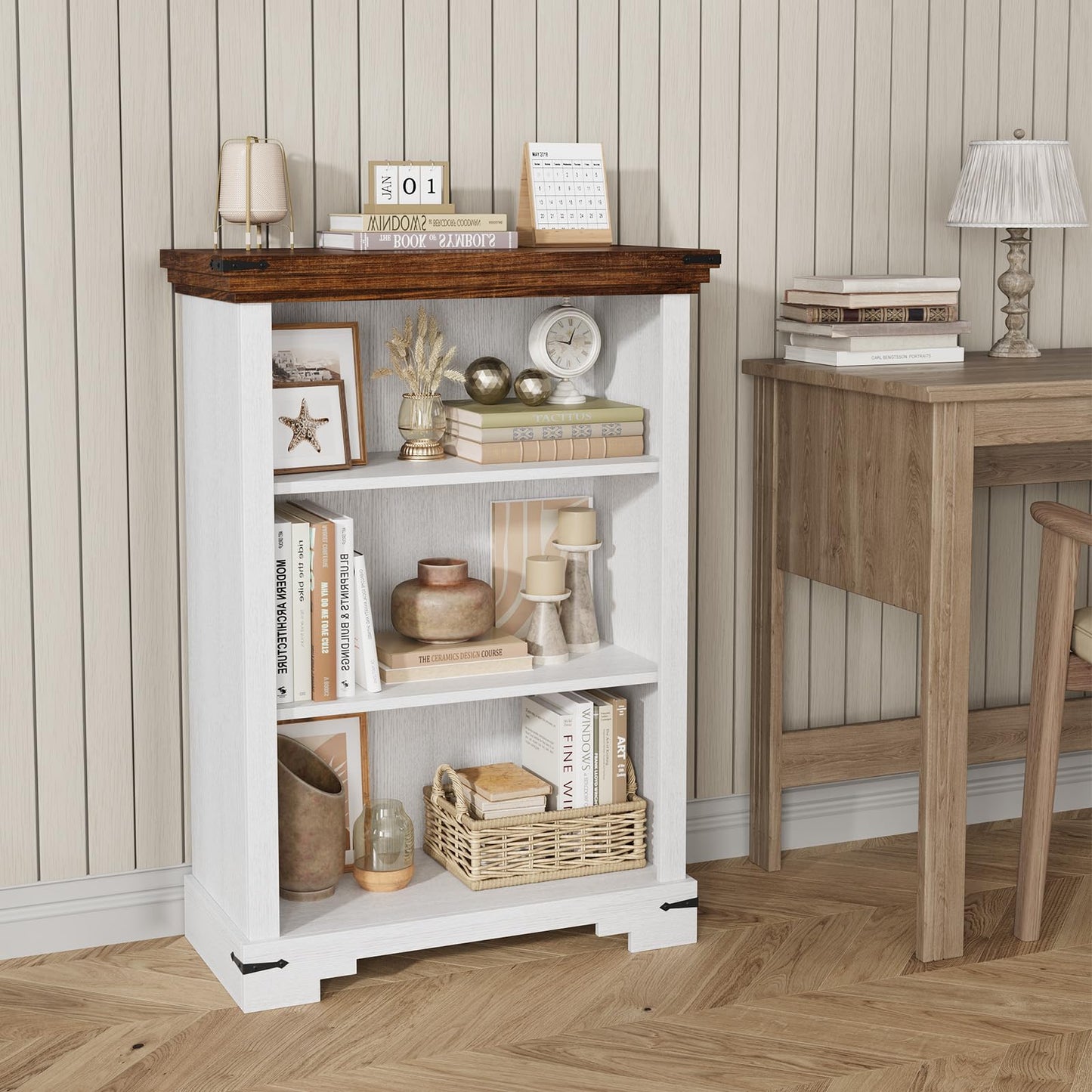 HOTLUU 3-Tier Farmhouse Bookshelf, Book Shelf with Open Storage & One Adjustable Shelf, 9.8" D x 26" W x 38" H, Wooden Bookshelf for Study Room, Living Room, Kitchen, Bedroom (White)