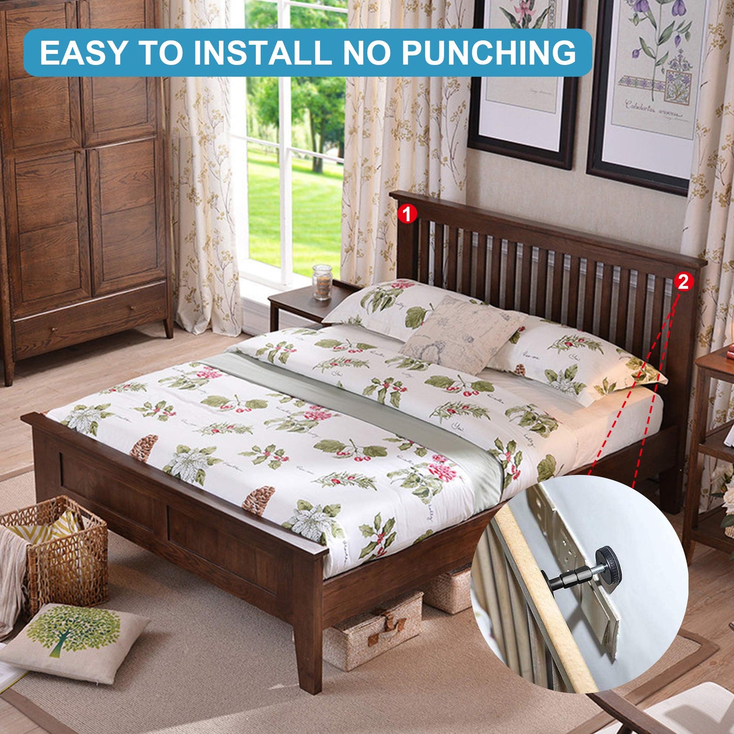 Neatbuddy 2PCS Black Adjustable Bed Frame Anti-Shake Tool, Headboard Stoppers with Free Furniture Pads and Screws, No More Creaking, Protect The Wall from Banging, Easy to Install (1.1-2.5in)