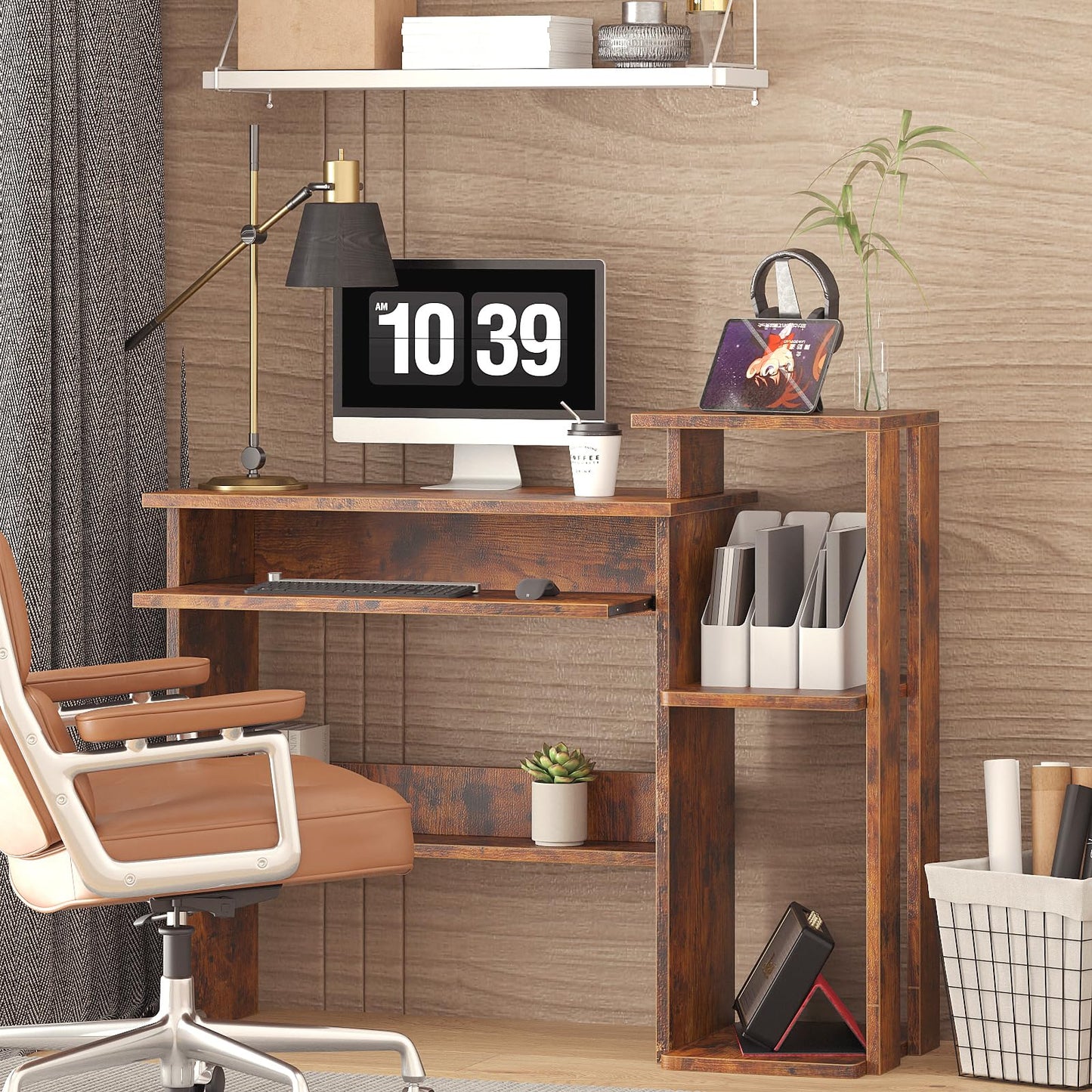 ALISENED Computer Desk with Storage Shelves, Home Office Desk with Monitor Stand, Small Writing Desk Table with Keyboard Tray,Study Table with CPU Stand for Small Spaces (35"-Rusitc Brown)