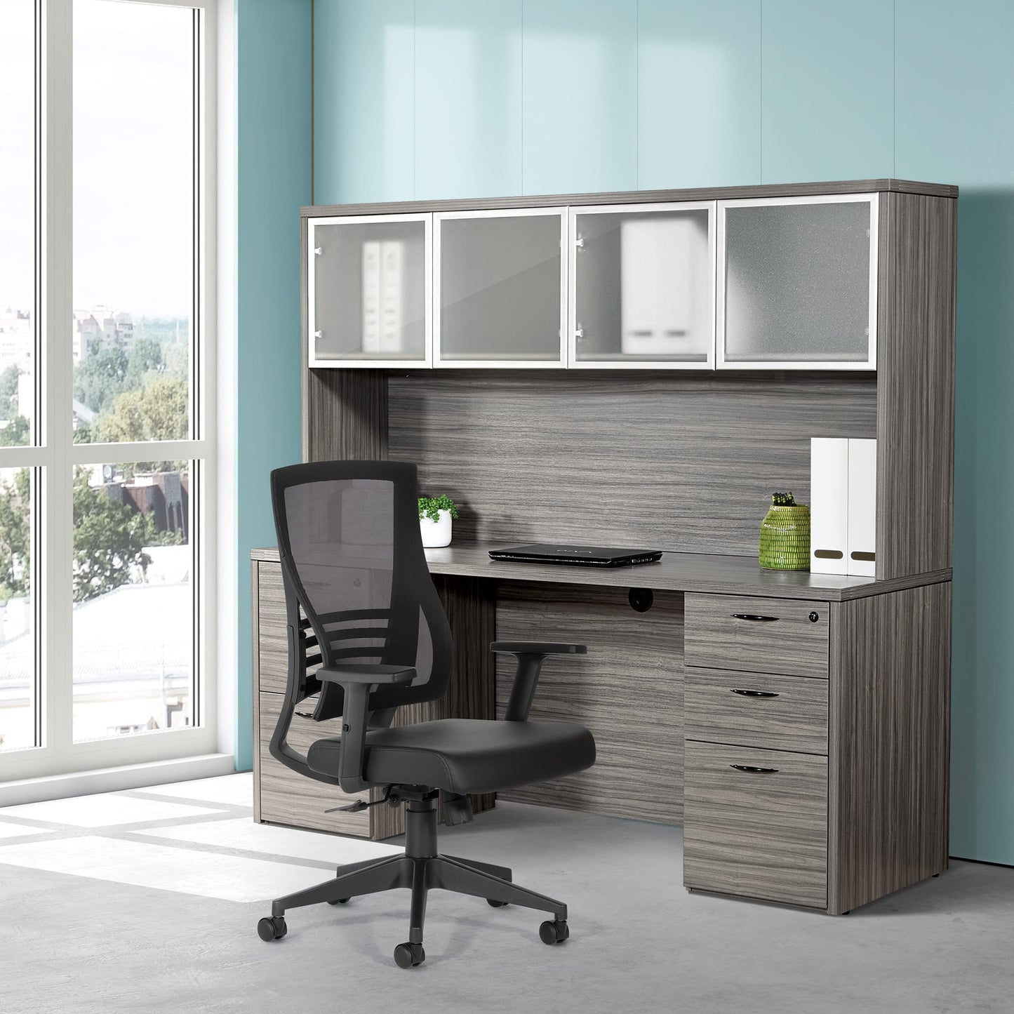 Office Star Mesh Back Office Chair with 2-to-1 Synchro Tilt Control and Adjustable Padded Arms, Black Faux Leather with Black Frame