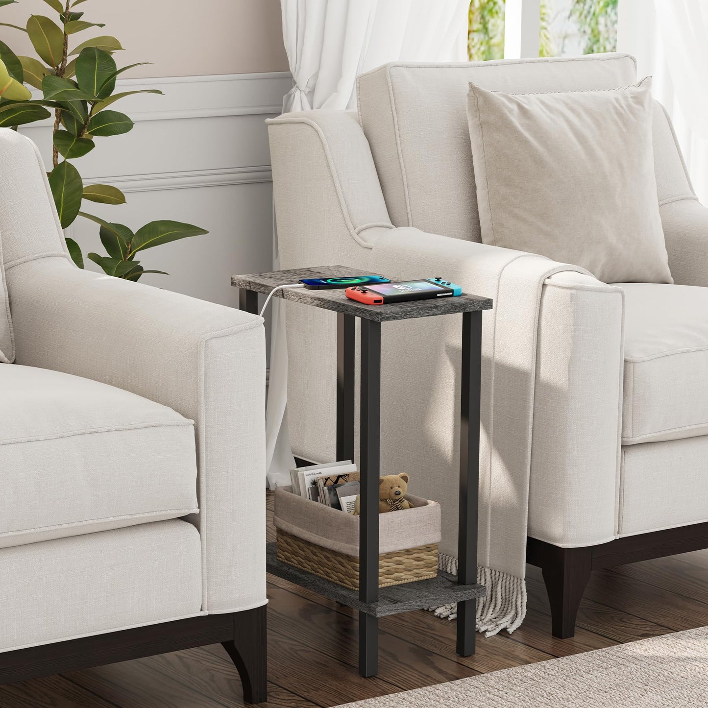 TUTOTAK Small Side Table, Narrow End Table, Skinny Sofa Table, Slim Nightstand, Couch Table, Living Room, Bed Room, Charcoal Grey TB01BY062