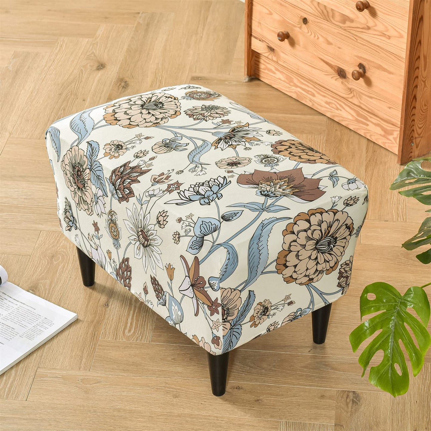 KRFOONN Ottoman Slipcovers Stretch Rectangle Footrest Stool Covers Printed Ottoman Cover for Foot Stool Furniture Protector with Non Slip Elastic Bottom(06, Large)