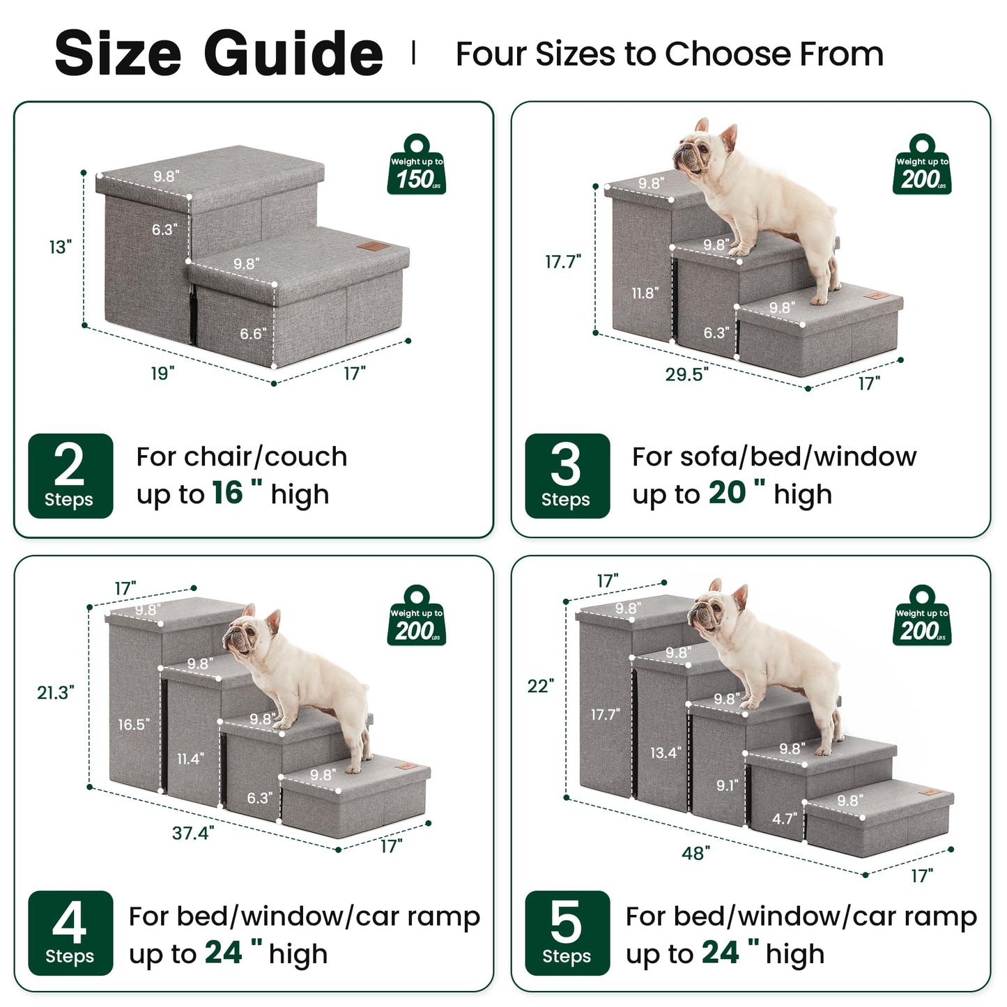Love's cabin Dog Stairs for High Bed 18" H, Foldable Pet Stairs for Small Medium or Large Dogs Puppy with Storage for Bed or Couch, Cat Dog Steps Ramp with Zip up to 200 lbs, Solid Grey, 3 Steps