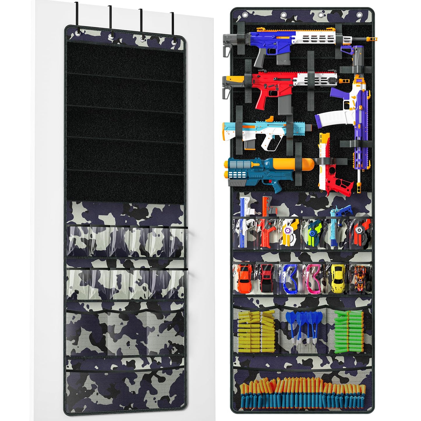 Over The Door Organizer for Toy Guns, Toy Storage, Toys Organizer with Pockets, Hook&Loop Straps for Foam Blasters, Darts, Goggles, Hanging Toys Gun Storage for Kid Rooms, Play rooms, Camouflage