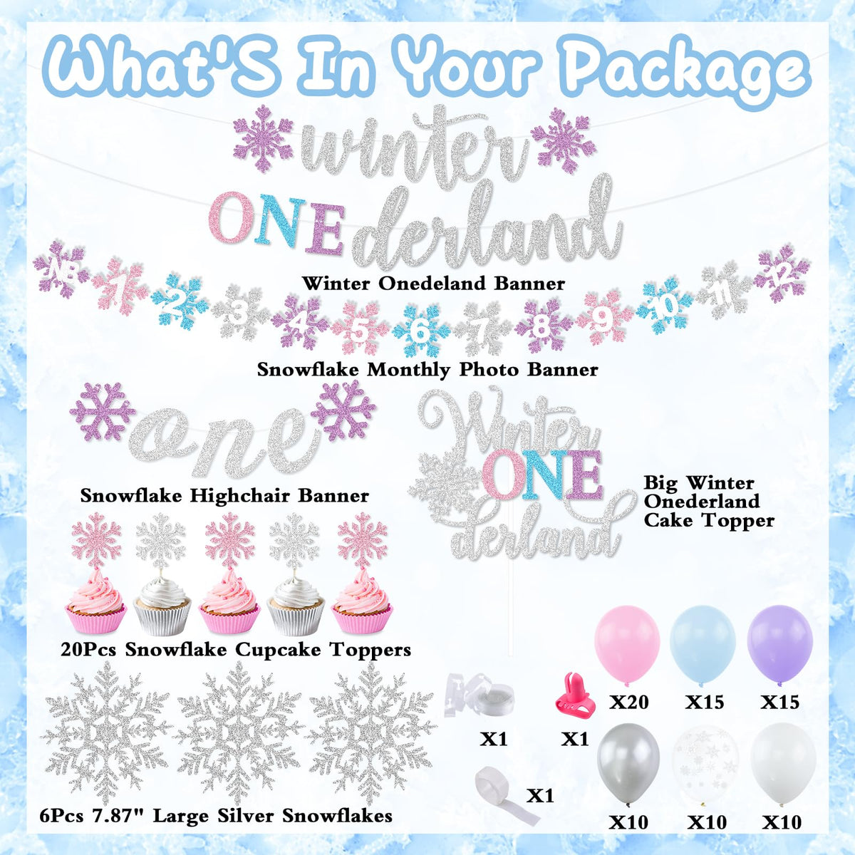 Winter Onederland 1st Birthday Decorations Girl, Winter Onederland Banner, Snowflake Photo Garland Highchair Banner Snowflake Balloon Arch Garland for Winter First Birthday Baby Shower Party Supplies