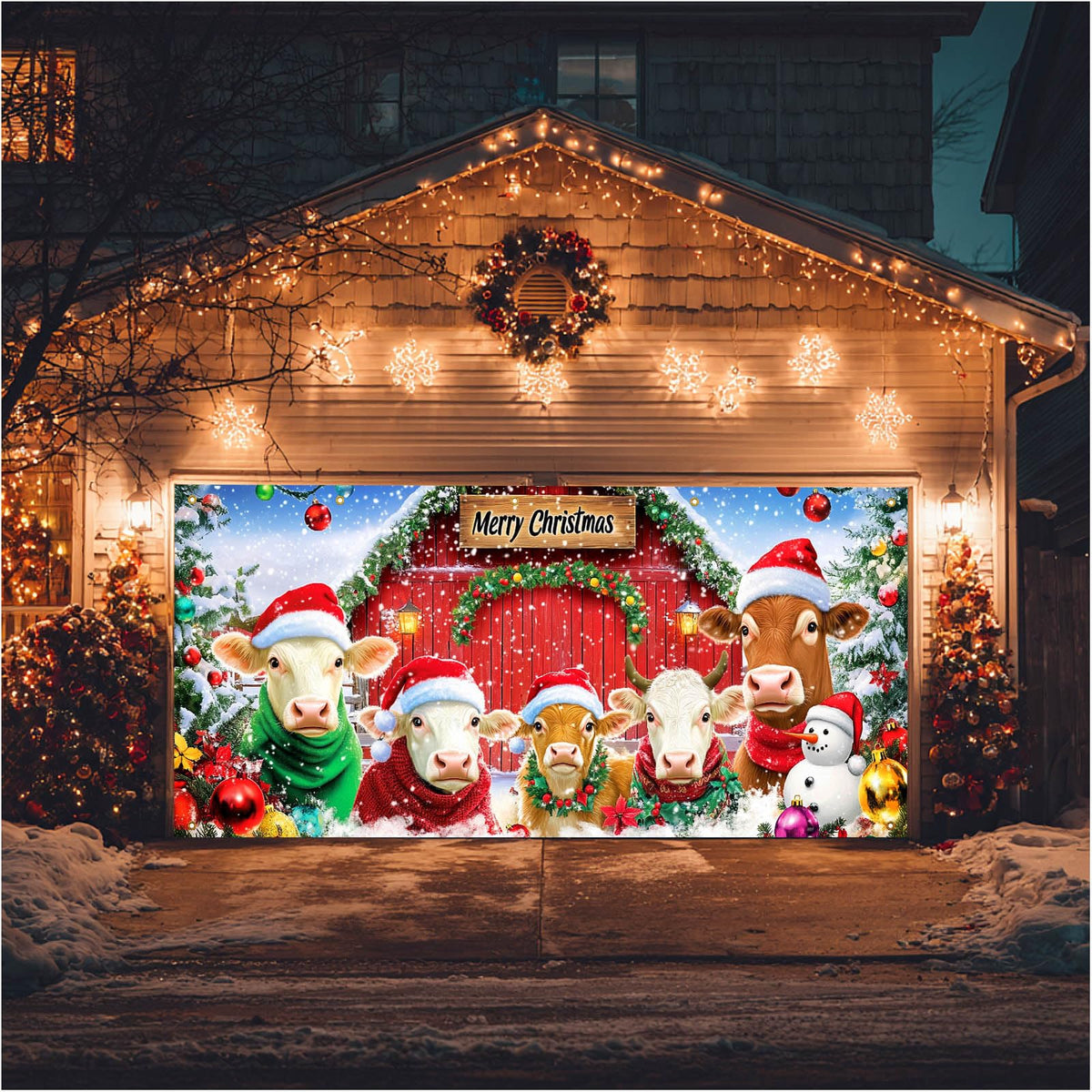 HOMETITUTE Merry Christmas Garage Door Banner 13x6ft Cows Farm Animals Barn Theme Backdrop Banners for Inside Winter Door Cover Banners for Outside Garage Wall Covering Party Decorations