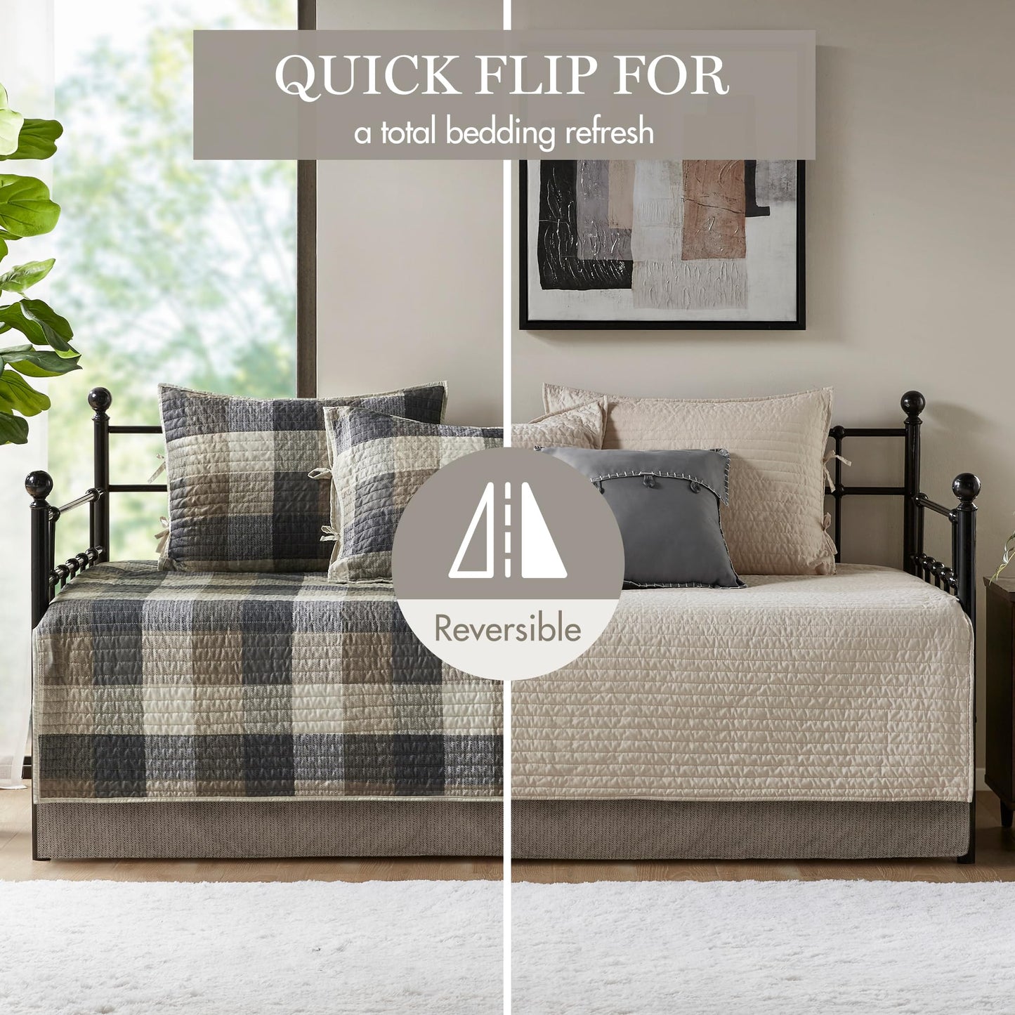 Madison Park Ridge Daybed Cover Set - Cabin Lodge Plaid Herringbone Print Reversible Design, All Season Luxury Bedding with Bedskirt, Matching Shams, Decorative Pillow, 39"x75", Neutral 6 Piece