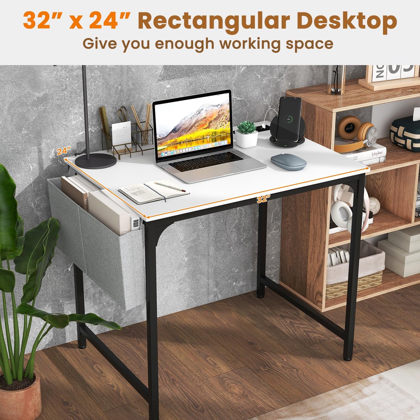 Giantex 32 Inch Computer Desk with Charging Station, Home Office Writing Desk with Storage Bag & Headphone Hook, Compact Gaming Table PC Workstation, Modern Simple Laptop Desk for Bedroom, Study