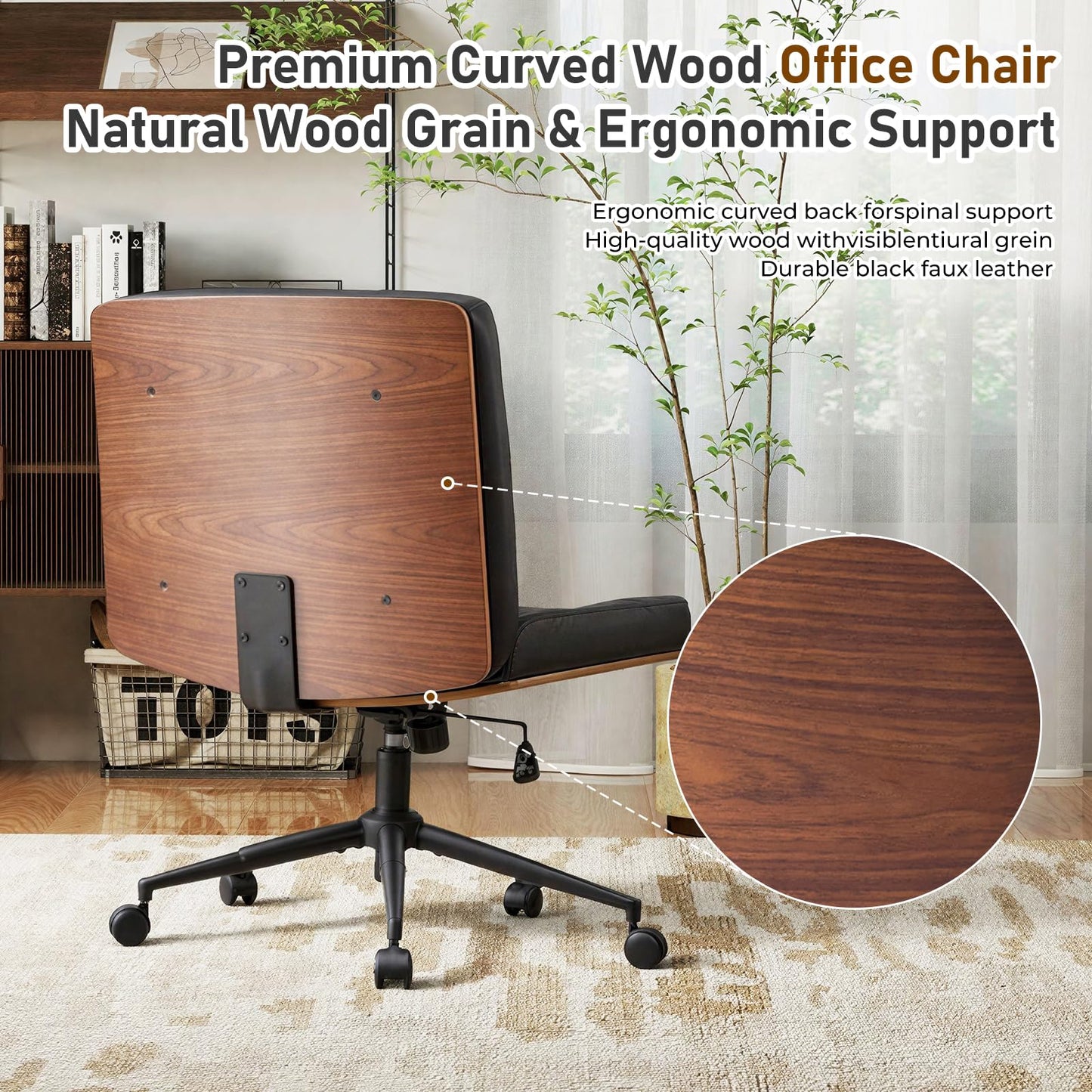 Furnimart Heavy-Duty Curved FSC Wood Desk Chair 360° Swivel, Faux Leather Criss Cross Chair with Wheels Wide Seat, Comfy Armless Cross Legged Sitting for Bedroom, Office, Vanity (PU Black)