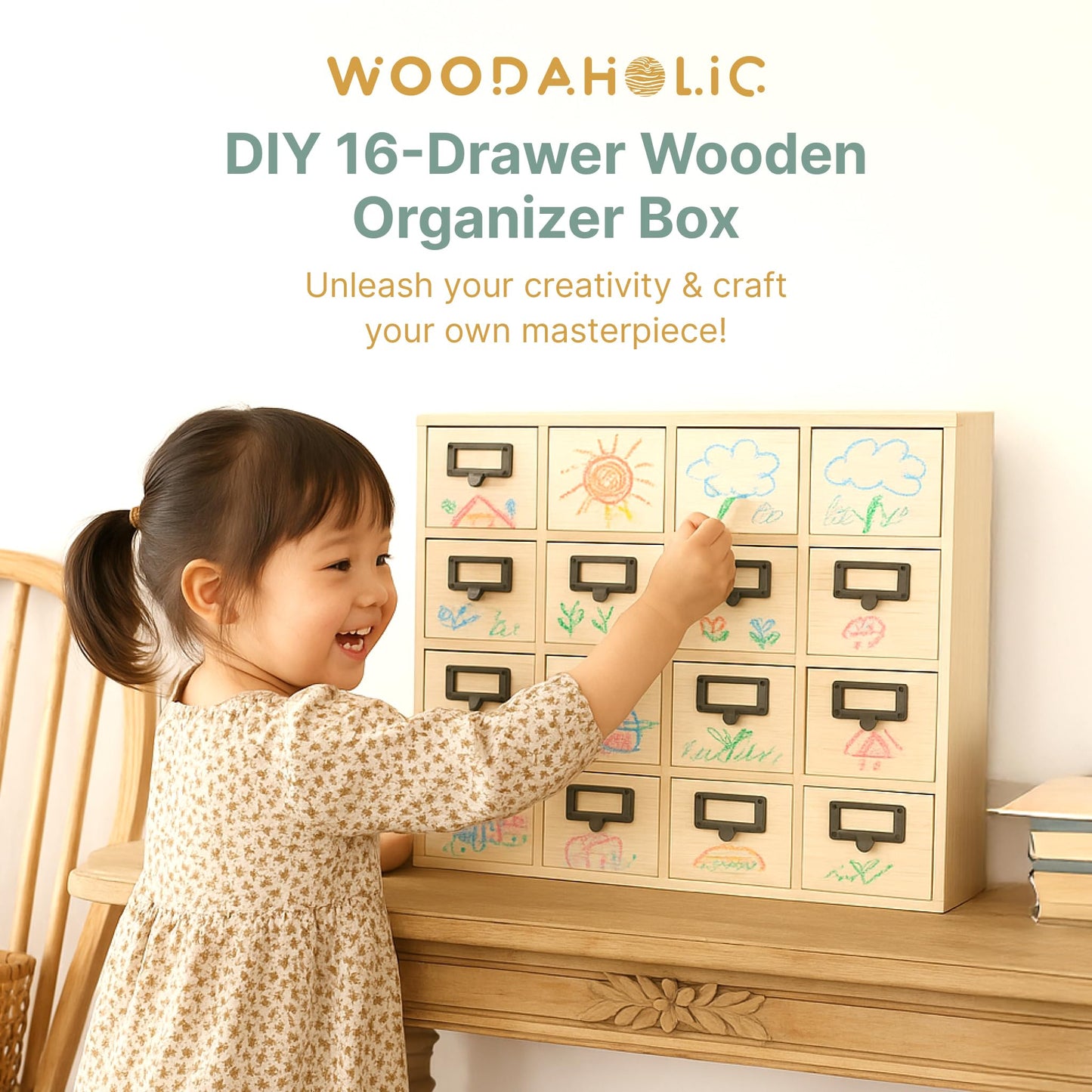 DIY Wooden Desk Organizer with Drawers – Unfinished 16-Drawer Wood Desk Organizer for Crafts, School, or Office – Customizable Wooden Apothecary Cabinet for Creative Storage – Natural Wood Finish