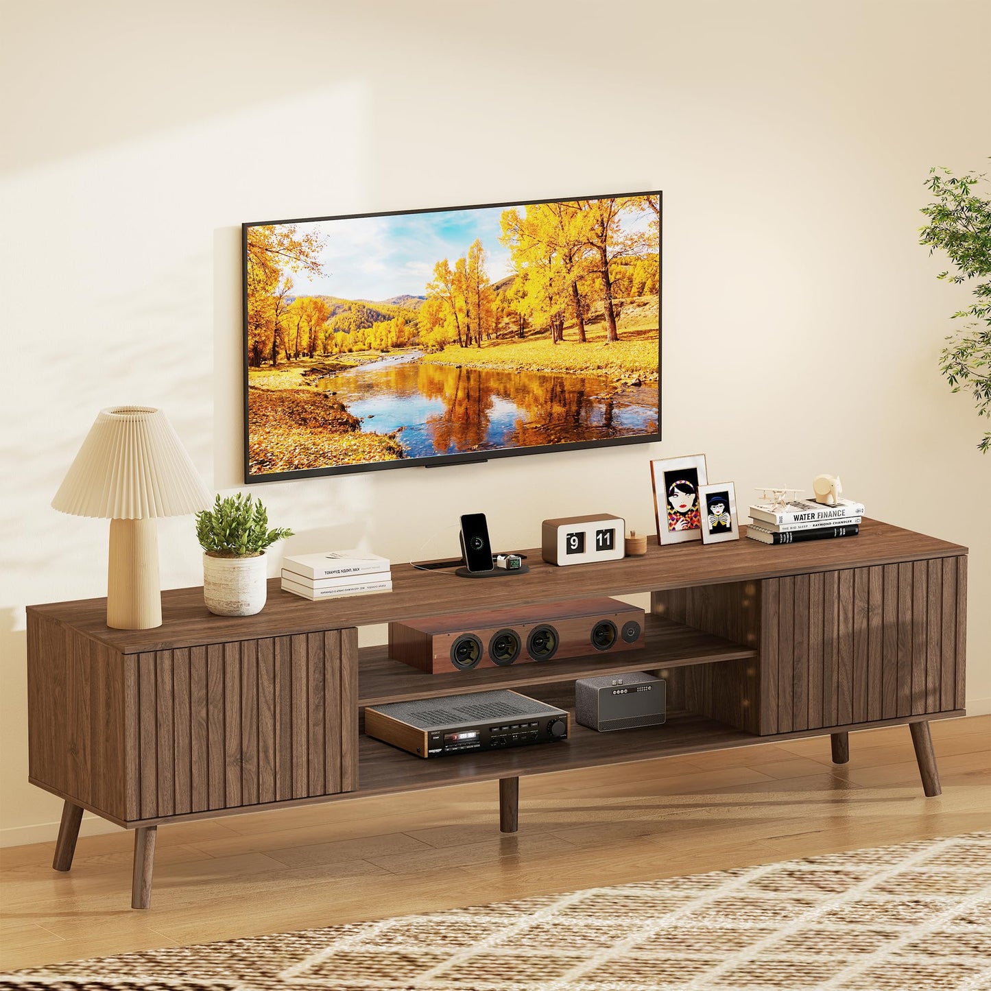 YOSHOOT TV Stand for 75 inch TVs, Mid Century Modern Entertainment Center with Power Outlet,Fluted Media Console with Open Shelves and Storage Cabinets for Living Room & Bedroom, Walnut