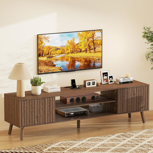 YOSHOOT TV Stand for 75 inch TVs, Mid Century Modern Entertainment Center with Power Outlet,Fluted Media Console with Open Shelves and Storage Cabinets for Living Room & Bedroom, Walnut