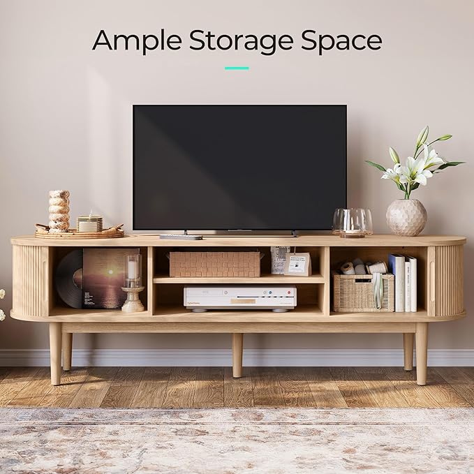 LINSY HOME 70" Fluted TV Stand for TVs up to 80 Inch, Mid Century Modern