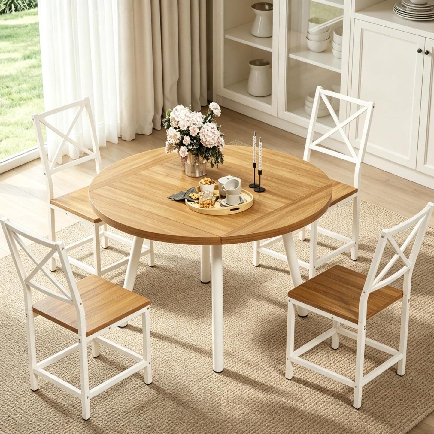IRONCK Round Dining Table Set for 4, Extendable Kitchen Table with 4 Chairs, 44.5" Drop Leaf Desk, Folding for Small Space, Apartment, Natural Wood