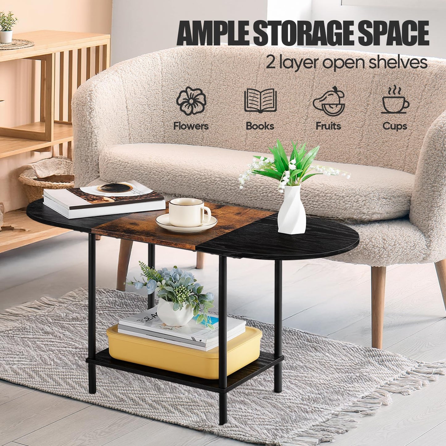 KANEODOT Coffee Tables for Living Room,Mid Century Small Oval Center Table with 2-Tier Storage Shelf and Wood Tabletop,Farmhouse Narrow Cocktail Tea Table for Small Space,Apartment,Black Brown
