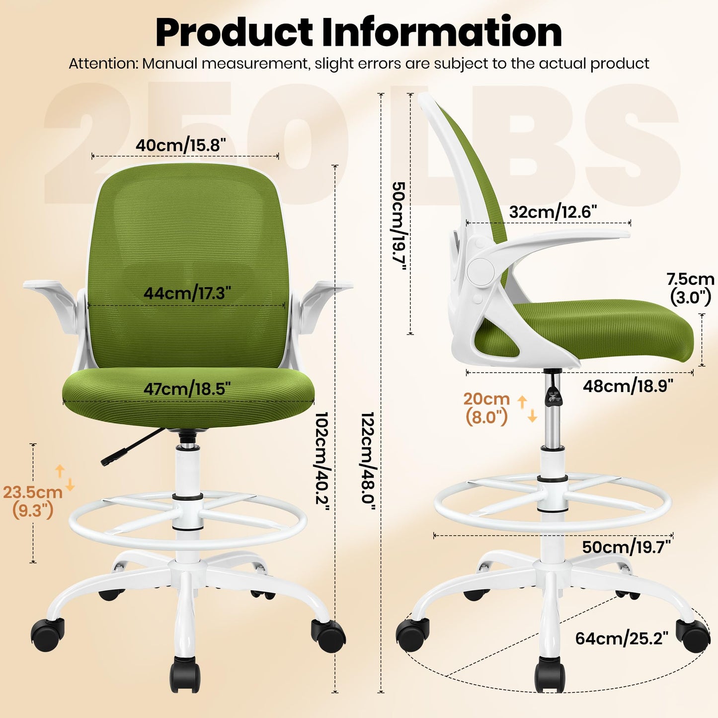 Primy Drafting Chair Tall Office Chair with Flip-up Armrests Executive Ergonomic Computer Standing Desk Chair with Lumbar Support and Adjustable Footrest Ring (AvocadoGreen)