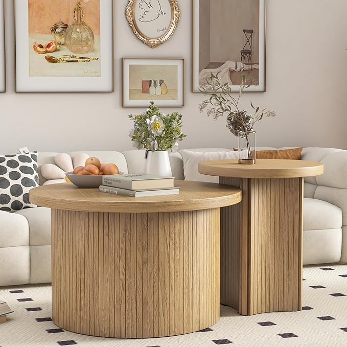 Mxtxmy Set of 2 Nesting Coffee Tables Farmhouse, Round Coffee Table Living Room