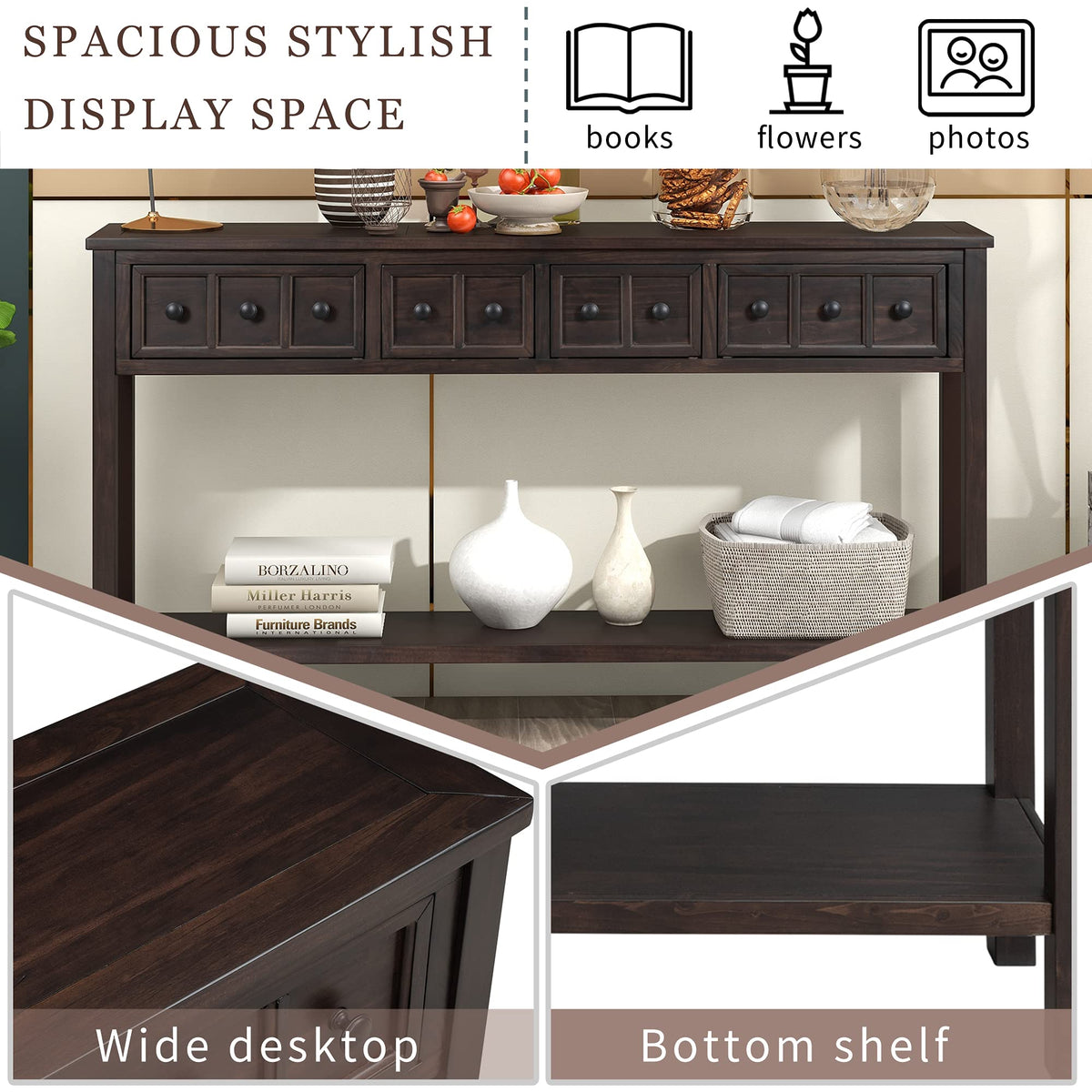 Merax Rustic Console Table for Hallway,Wood Narrow Sideboad with Drawers and Bottom Shelf for Entryway, Espresso