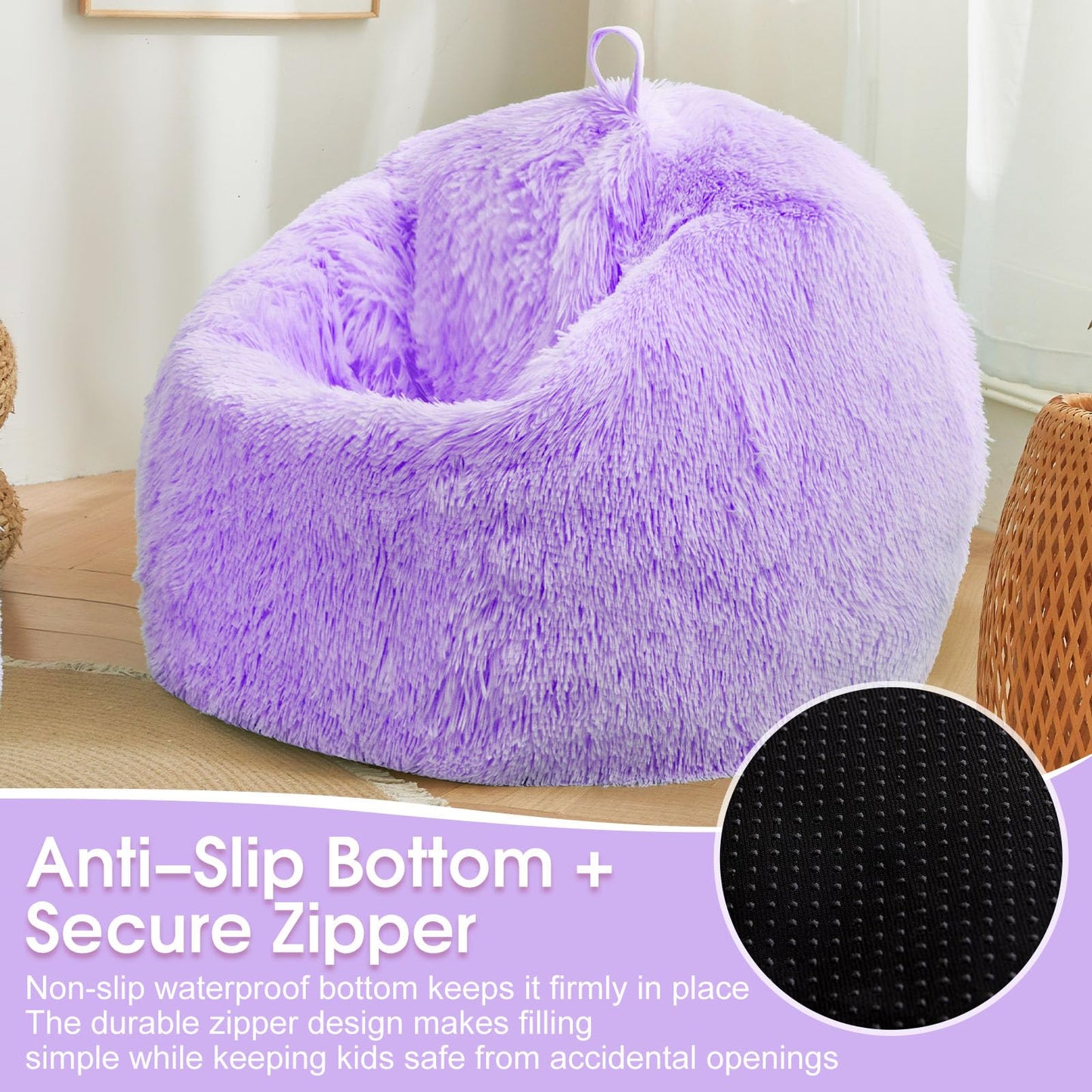 Lavender shaggy bean bag chair covers (No Filler), comfy Faux Fur Lavender bean bag chair Cover for bedroom, stuffed animal Storage, kids adults teens girls bean bag chairs, Anti-Slip
