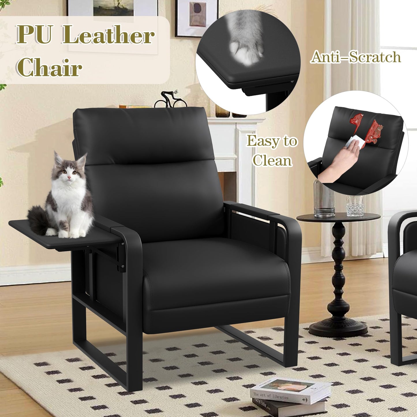 Apeaka Modern Black Accent Chair PU Leather Upholstered Armchair with Foldable Side Table for Bedroom Living Room Chairs Office Chair