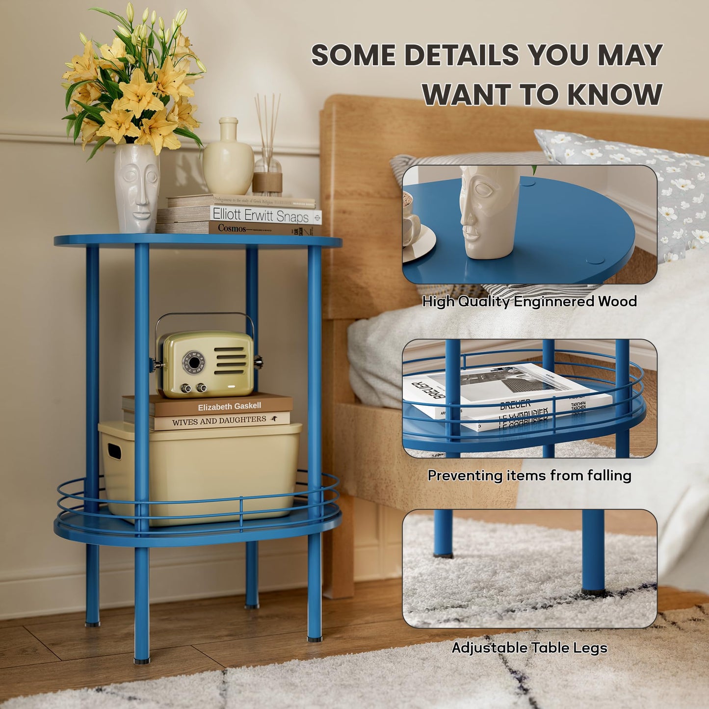 DGSANDGO Blue Oval Side Table,Side Tables Living Room,2-Tier Nightstand,Samll End Table for Small Space,Living Room,Bedroom, Nursery, (1PC,Blue)
