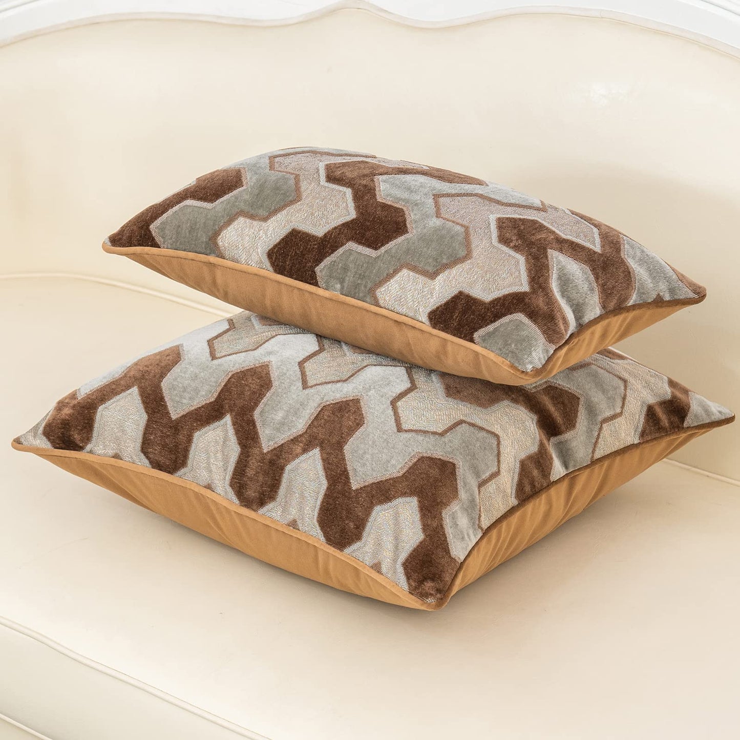 Alerfa Square Pillow Geometric Stripes Embroidery Cut Velvet Cushion Case Luxury Modern Throw Pillow Cover Decorative Pillow for Couch Sofa Living Room Bedroom Car 20 x 20 Inch Brown Gray