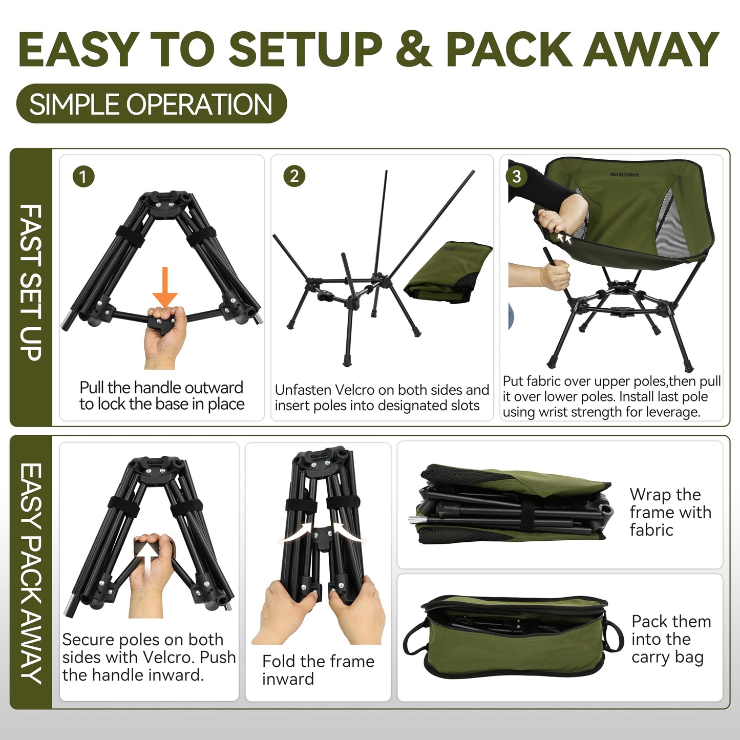 MARCHWAY Lightweight Folding Camping Chair, Portable Foldable Compact for Outdoor Camp, Travel, Beach, Picnic, Festival, Hiking, Backpacking, Supports 330Lbs (Green)