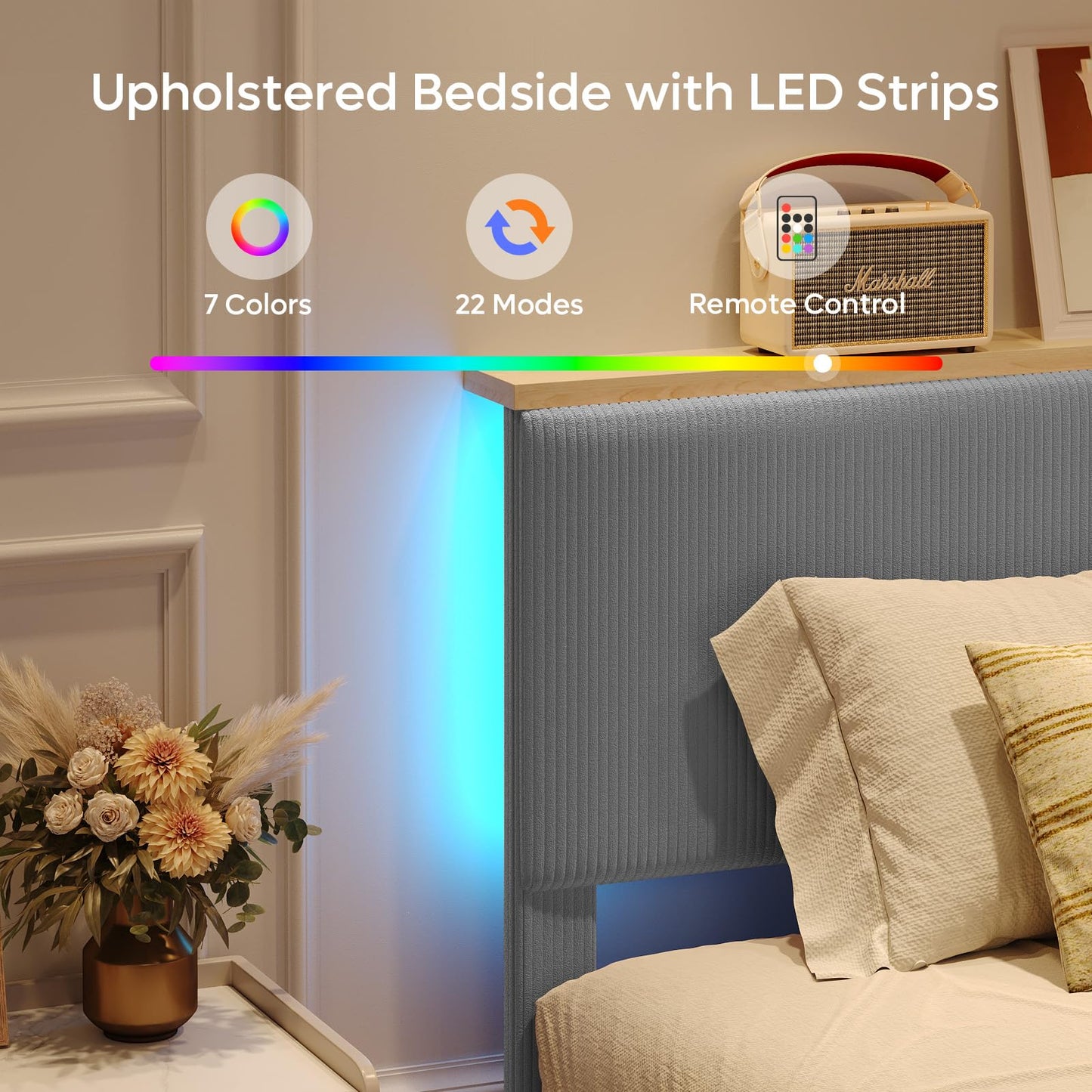 Bestier Queen Bed Frame with Adjustable Headboard & LEDLighting, Corduroy Upholstered Platform Bed Frame withStorage Shelf, Solid Wood Slats, No Box Spring Needed,Never Squeak, Easy Assembly, Grey