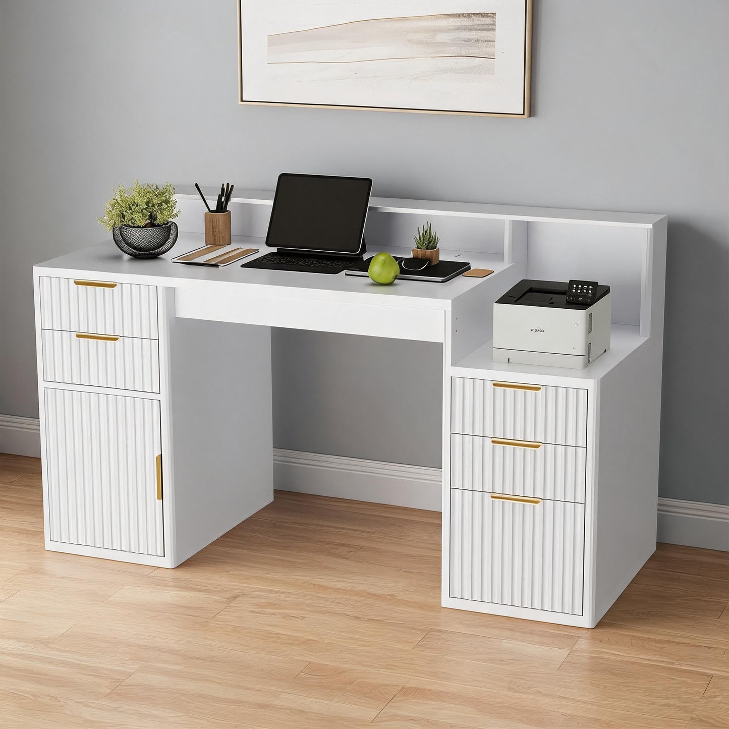 IDEALHOUSE Rectangular Computer Desk with Hutch & Printer Stand, Ripple Door Storage Home Office Desk, Space-Saving Study Writing Desk for Bedroom, Sturdy Board Student Desk with Easy Assembly